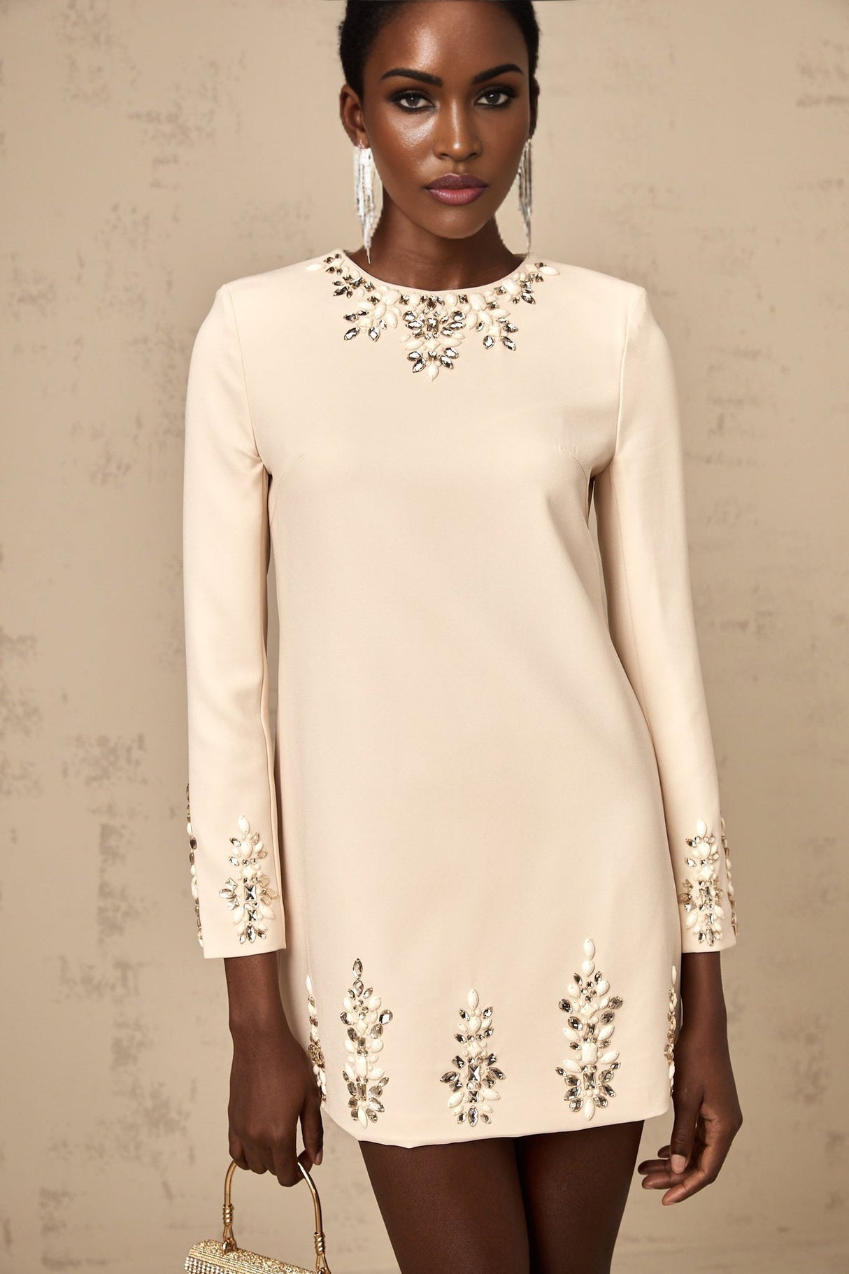 Alice Mini Dress – Round Neck – Long Sleeves – Crystal Embellishment