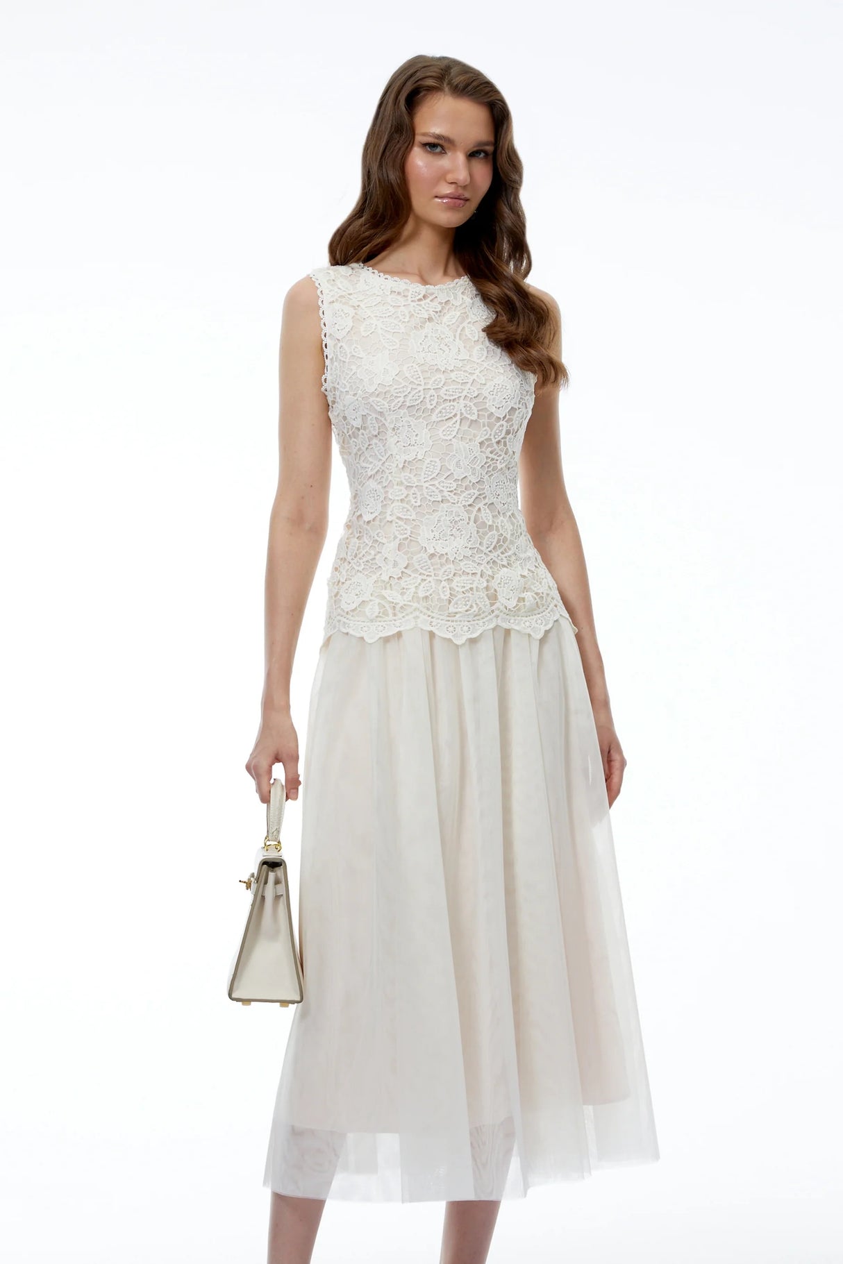 Alice Neutral Floral Applique Lace Midi Dress