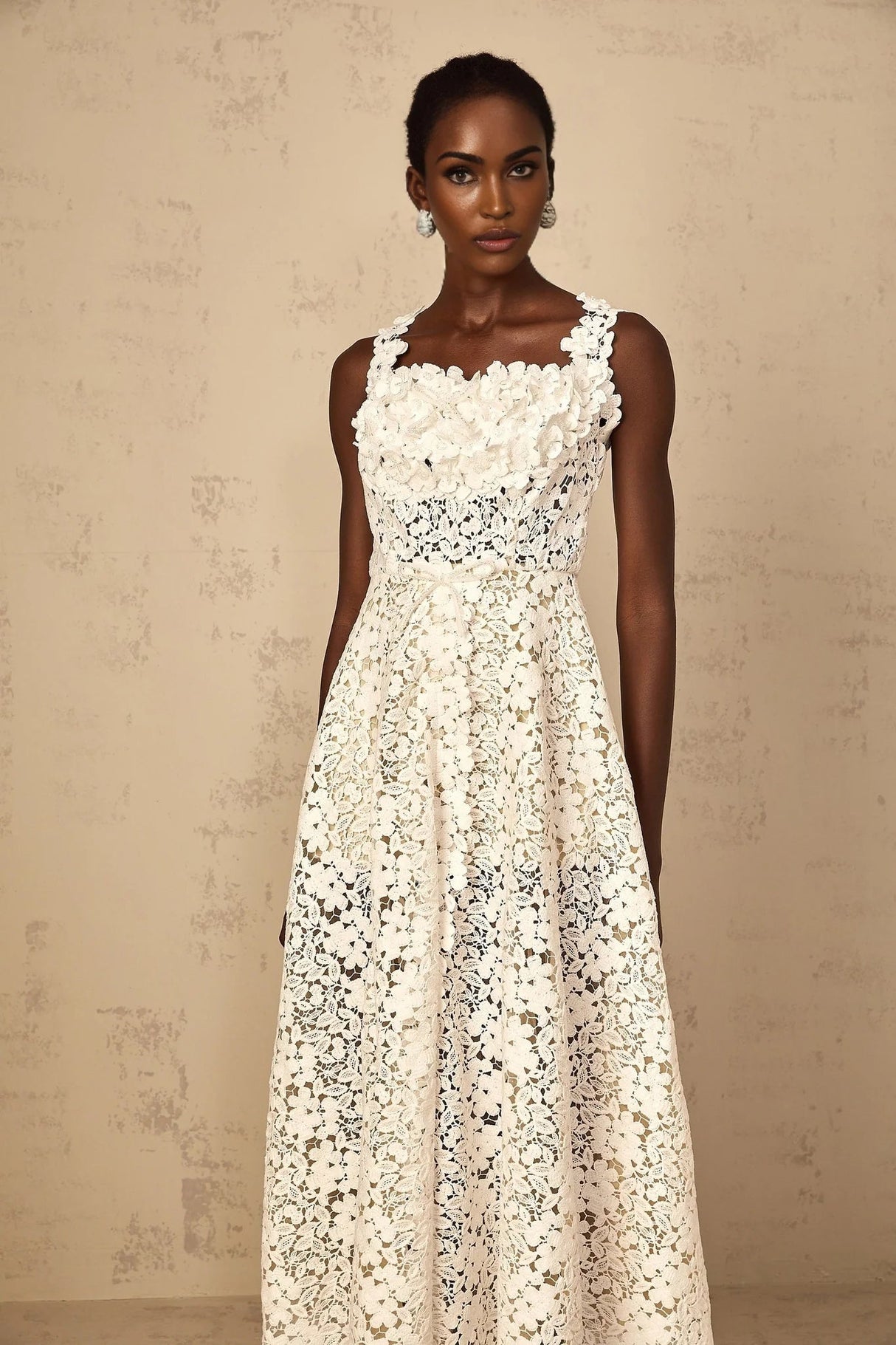 Alina Maxi Dress White Corded Lace Front Slit & Shirred Detail