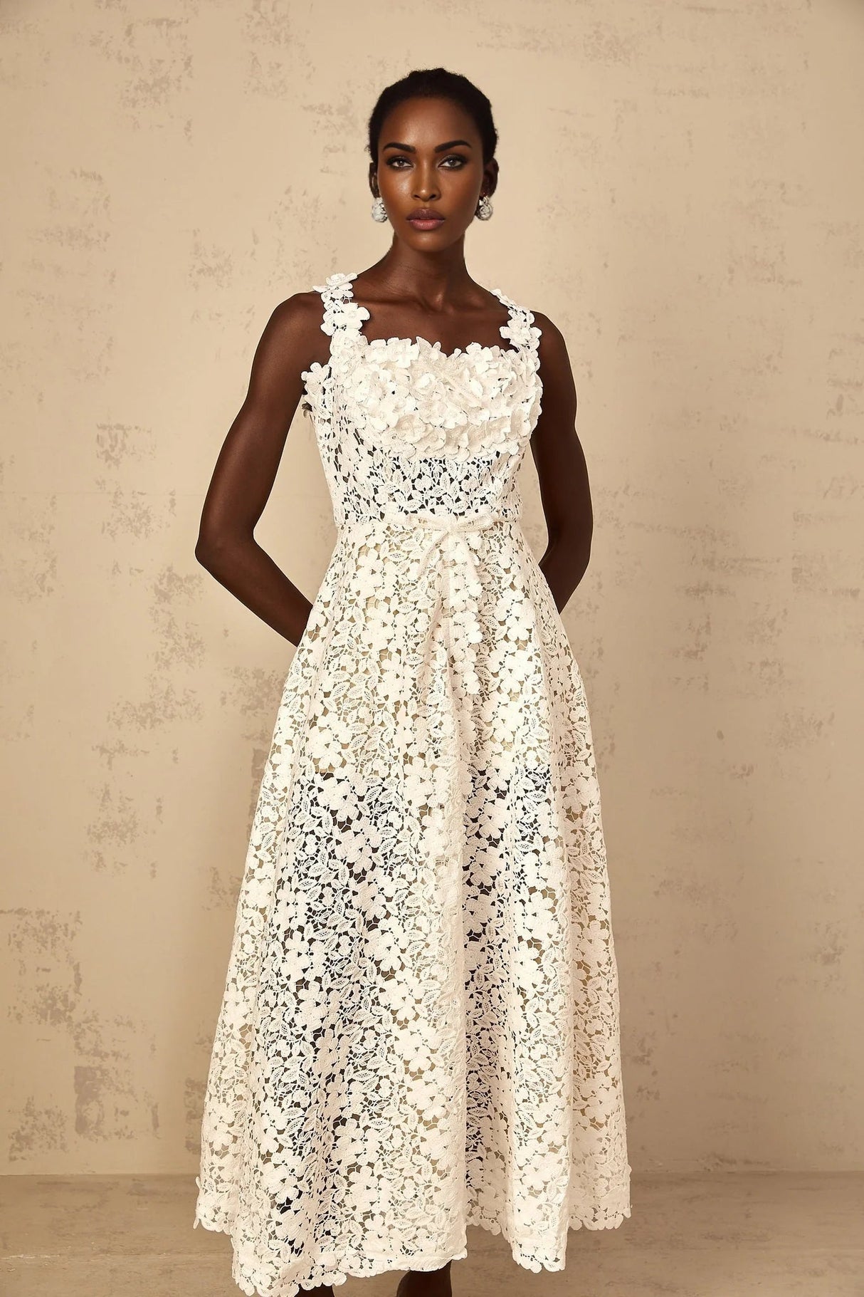 Alina Maxi Dress White Corded Lace Front Slit & Shirred Detail