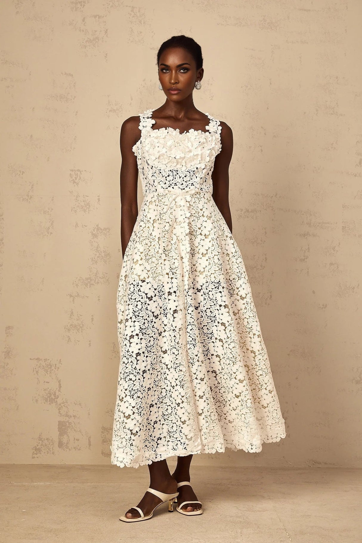 Alina Maxi Dress White Corded Lace Front Slit & Shirred Detail