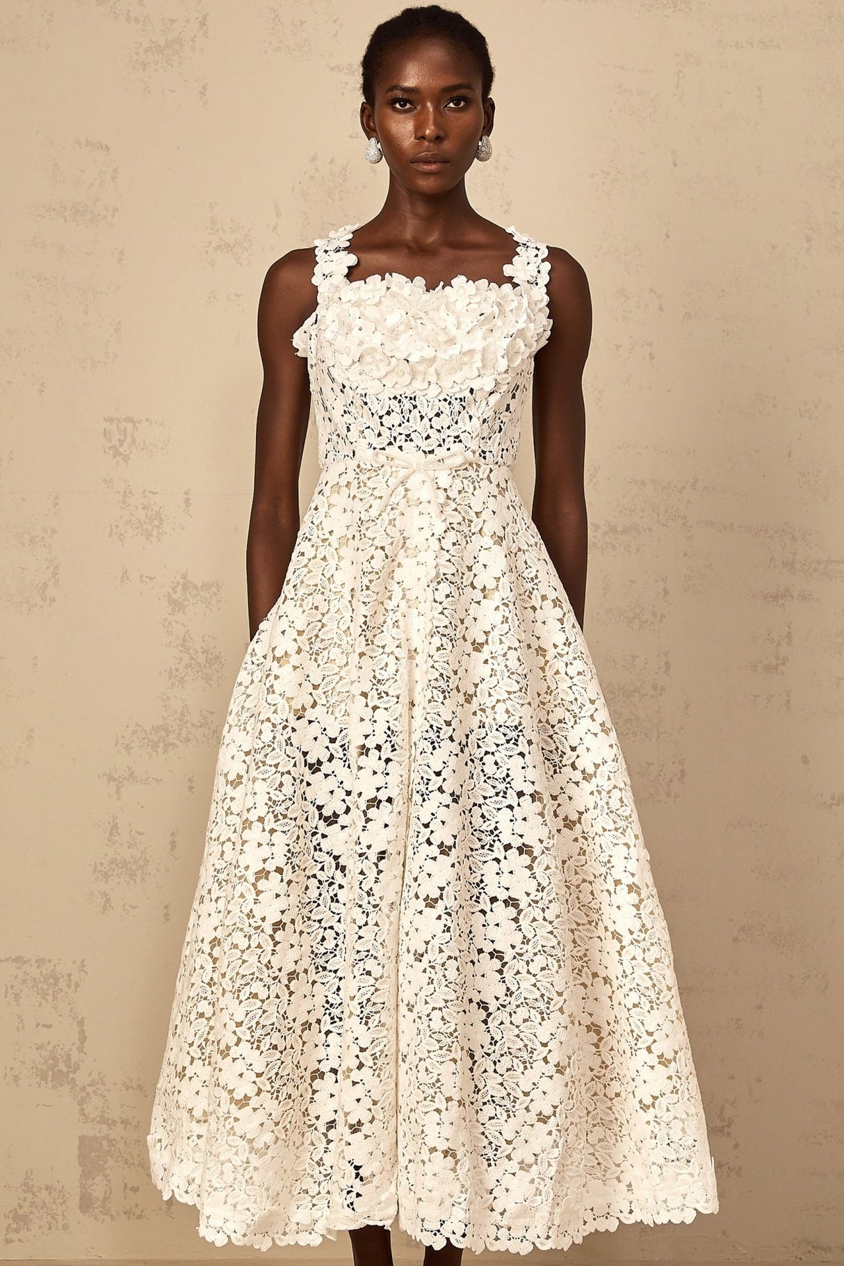 Alina Maxi Dress White Corded Lace Front Slit & Shirred Detail