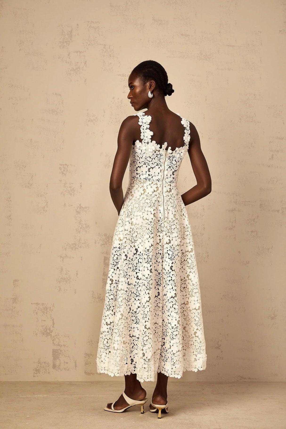 Alina Maxi Dress White Corded Lace Front Slit & Shirred Detail