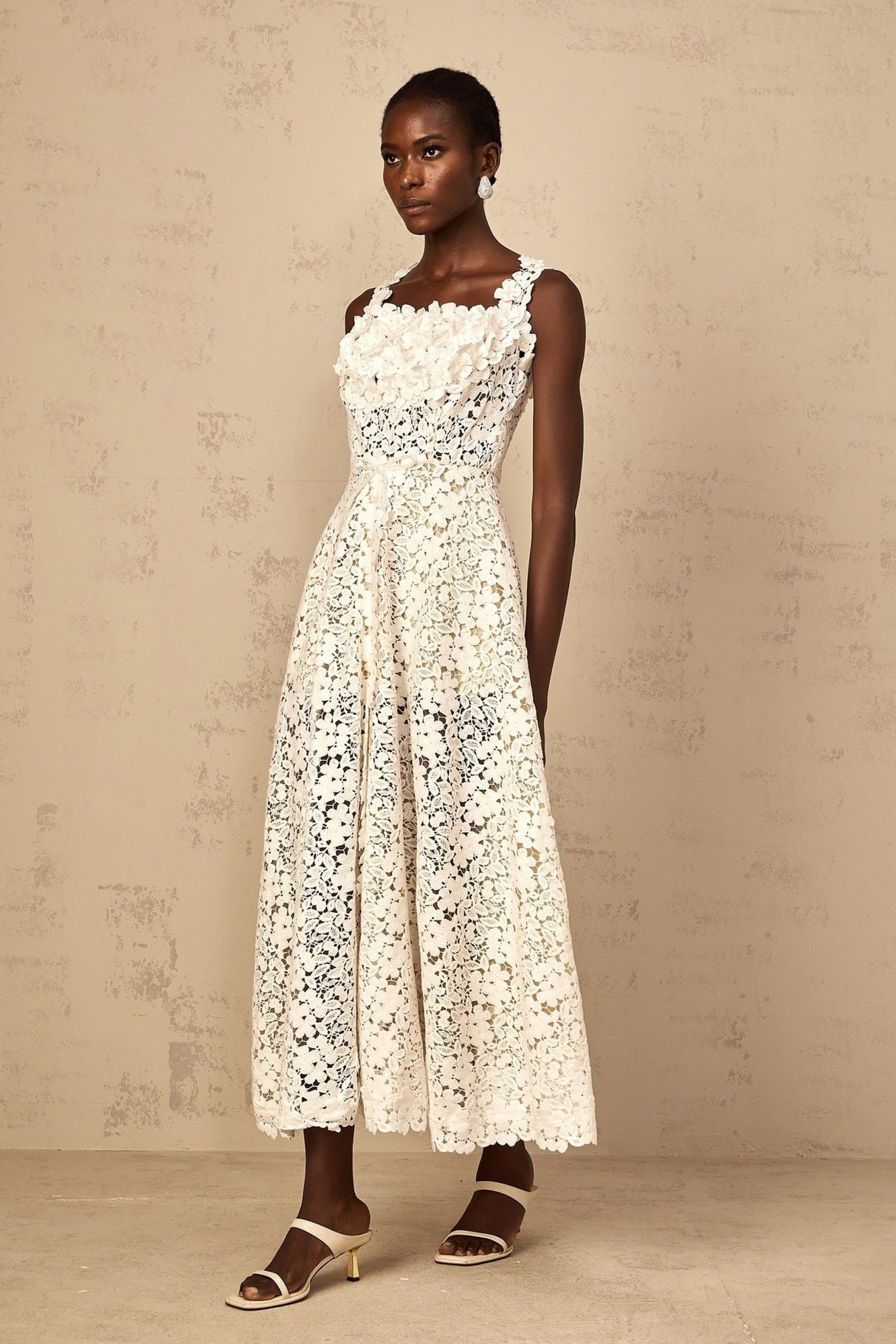 Alina Maxi Dress White Corded Lace Front Slit & Shirred Detail