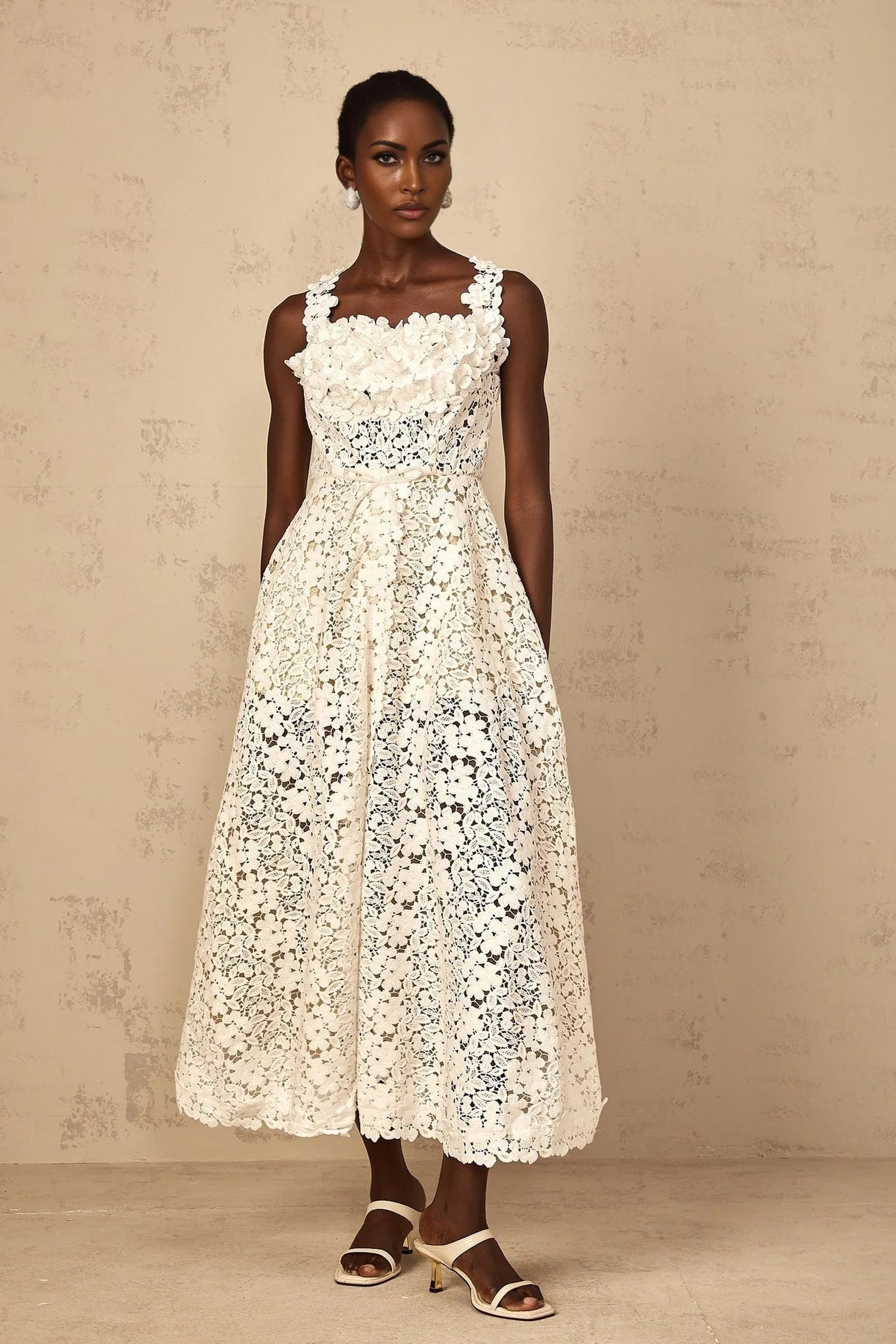 Alina Maxi Dress White Corded Lace Front Slit & Shirred Detail