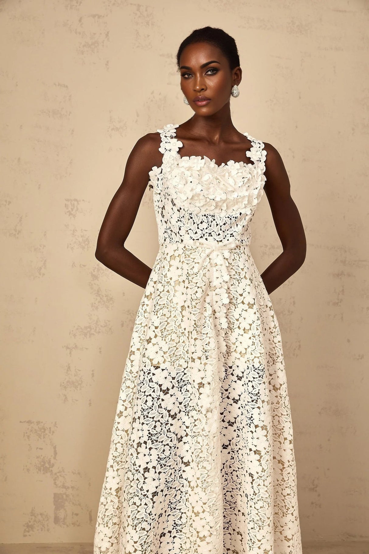 Alina Maxi Dress White Corded Lace Front Slit & Shirred Detail