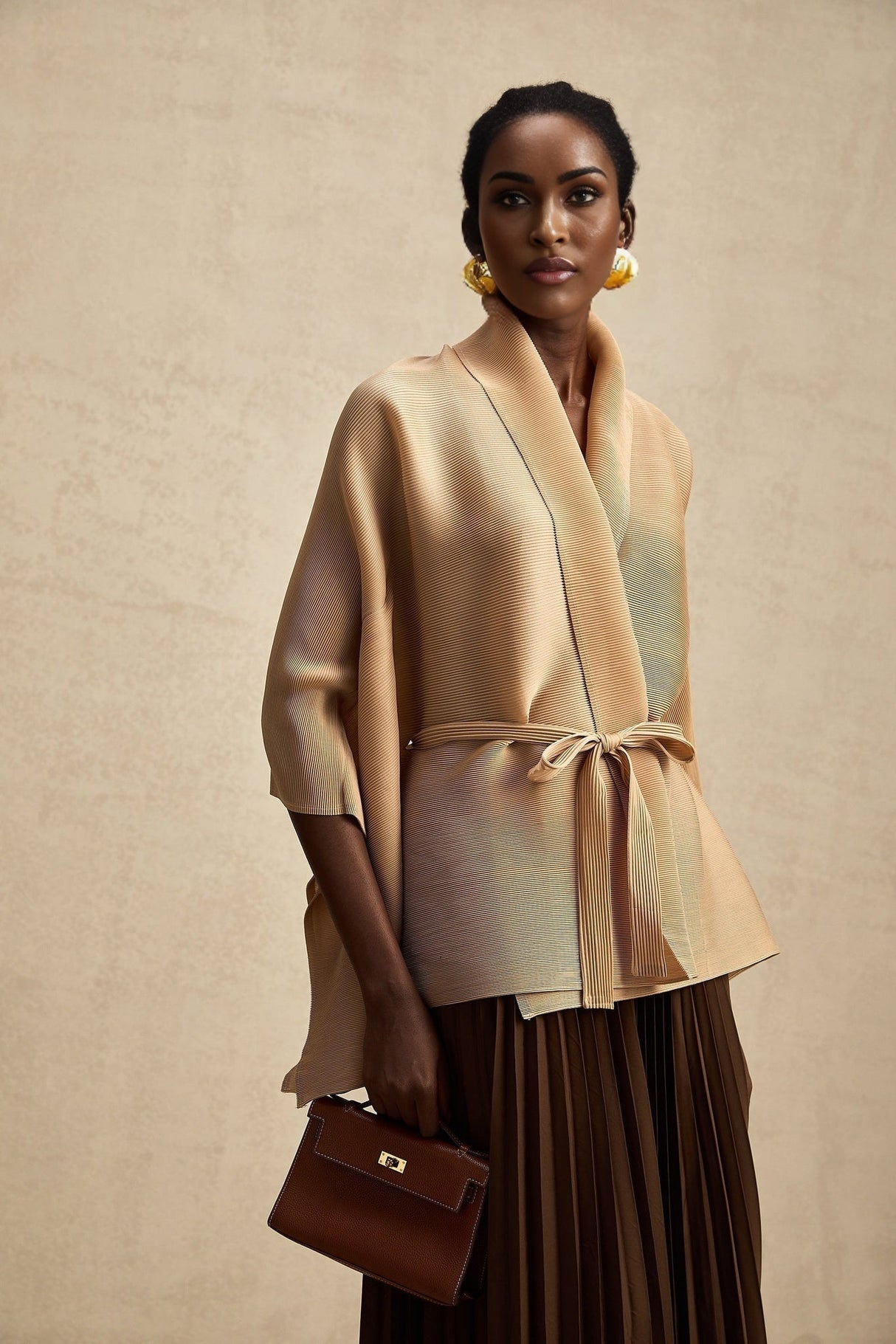 Alina Skirt & Top Set - V - neck Top - Long Slit Sleeves - Tied Waist - Maxi Length Skirt