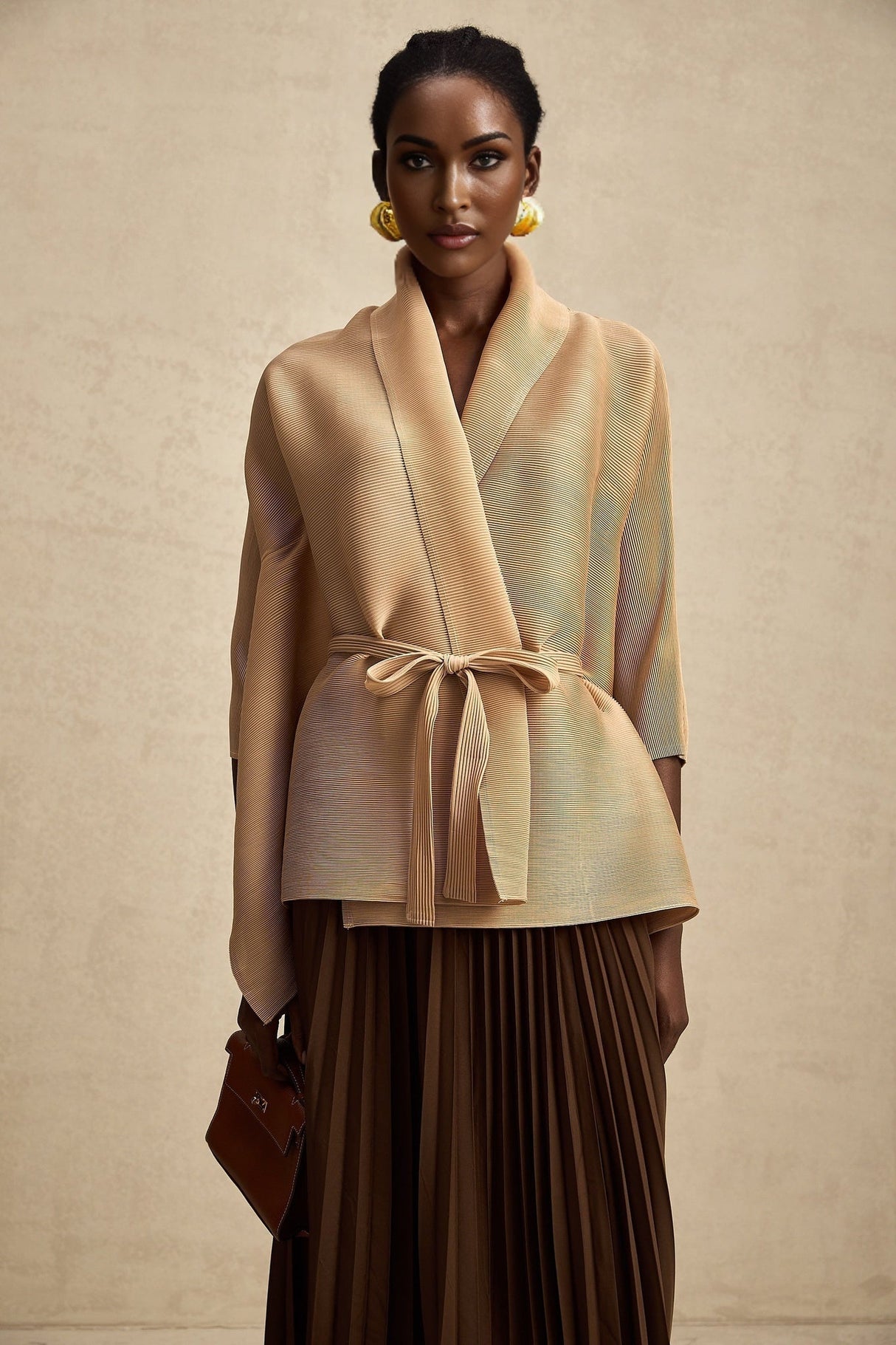 Alina Skirt & Top Set - V - neck Top - Long Slit Sleeves - Tied Waist - Maxi Length Skirt