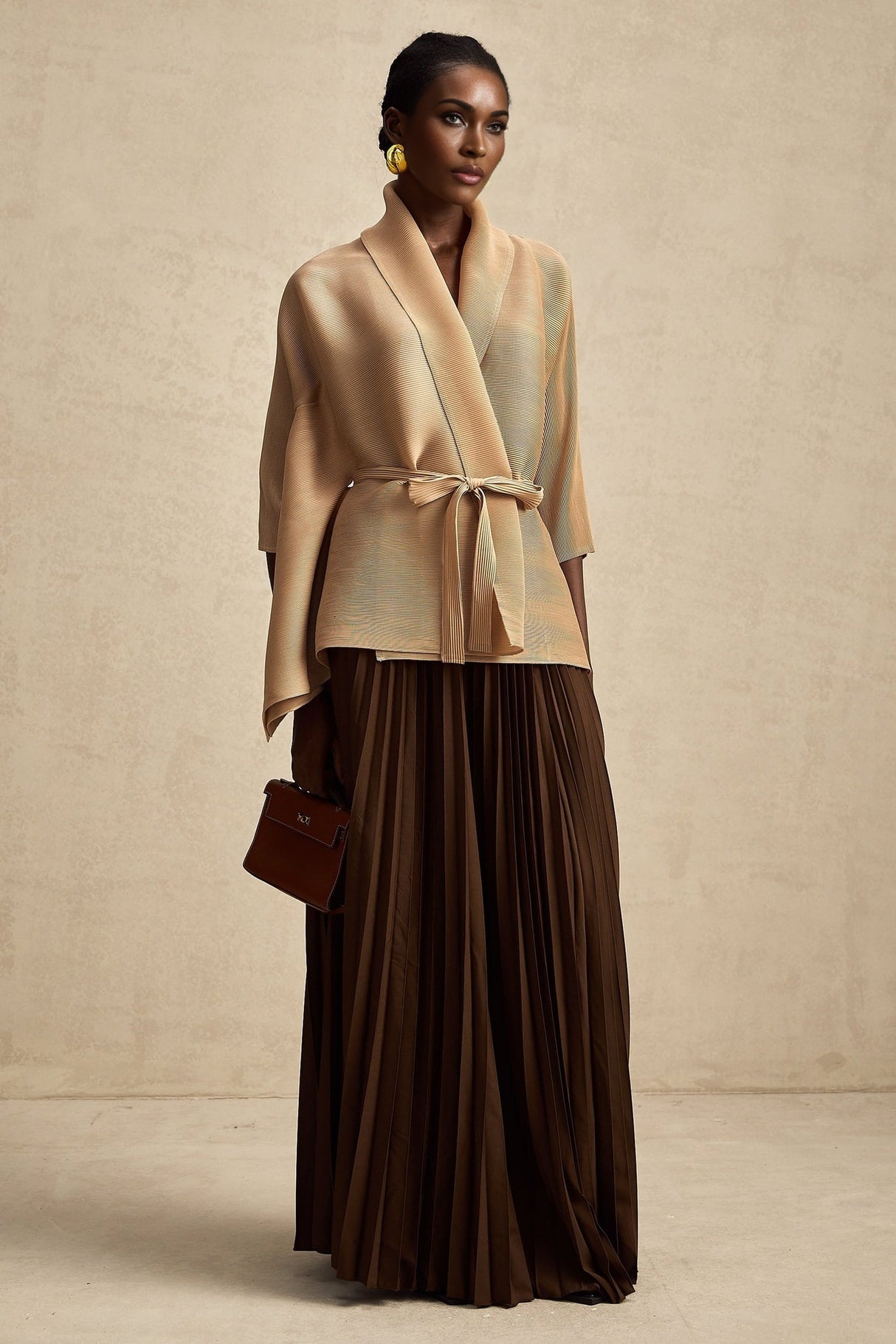 Alina Skirt & Top Set - V - neck Top - Long Slit Sleeves - Tied Waist - Maxi Length Skirt