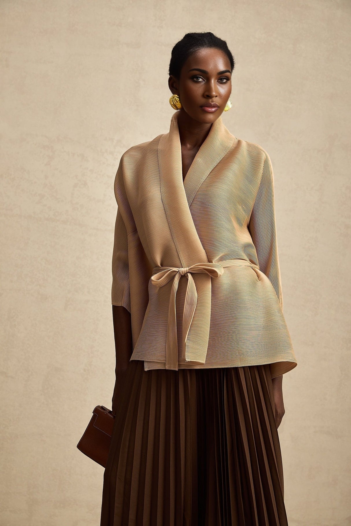 Alina Skirt & Top Set - V - neck Top - Long Slit Sleeves - Tied Waist - Maxi Length Skirt