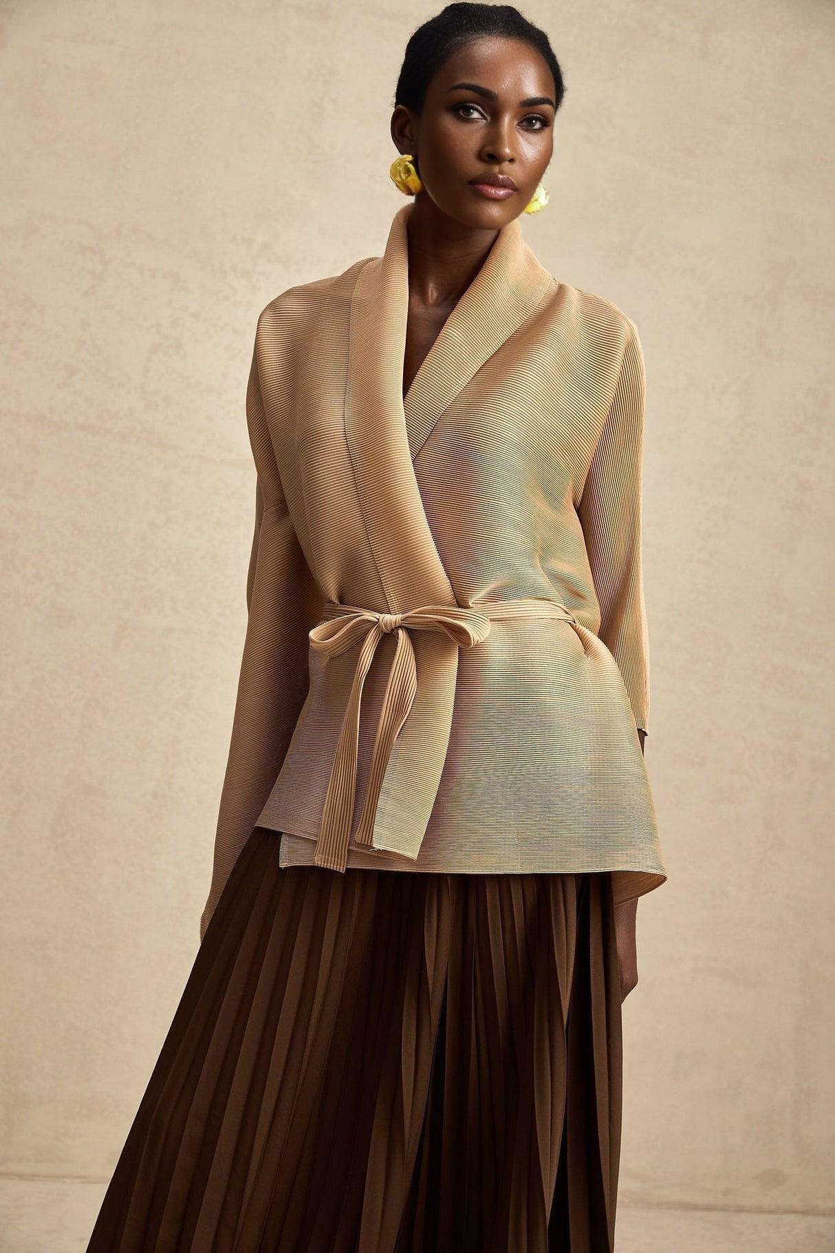 Alina Skirt & Top Set - V - neck Top - Long Slit Sleeves - Tied Waist - Maxi Length Skirt