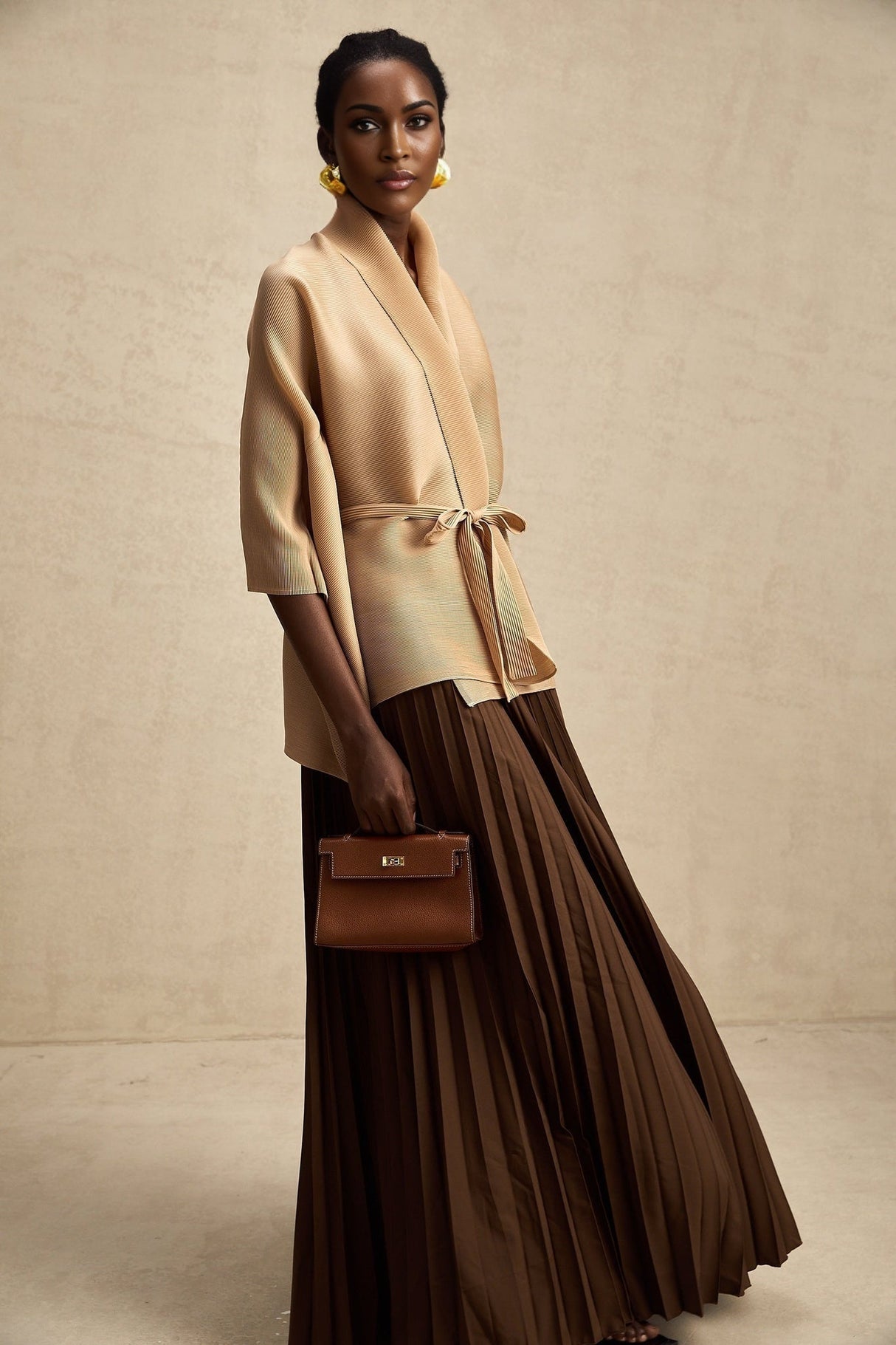 Alina Skirt & Top Set - V - neck Top - Long Slit Sleeves - Tied Waist - Maxi Length Skirt