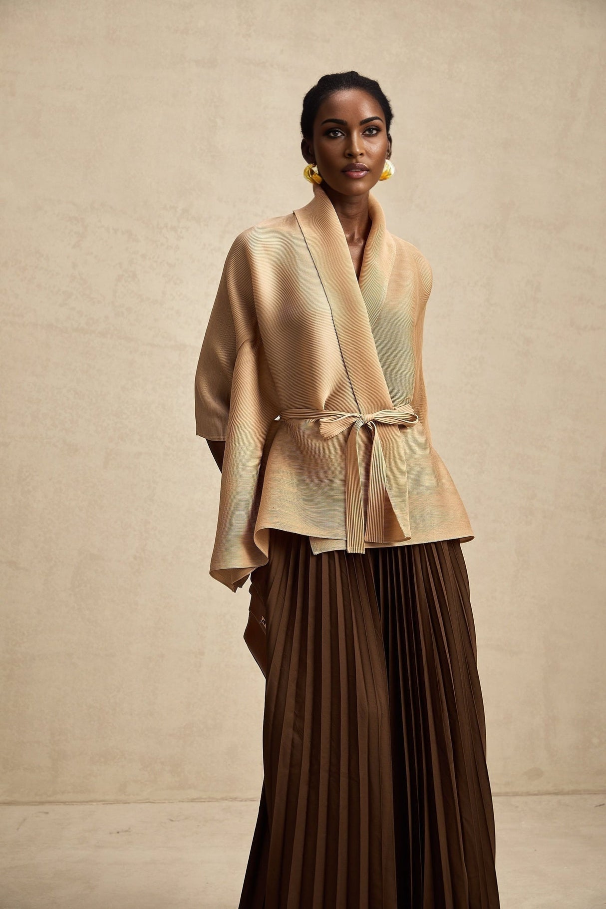 Alina Skirt & Top Set - V - neck Top - Long Slit Sleeves - Tied Waist - Maxi Length Skirt