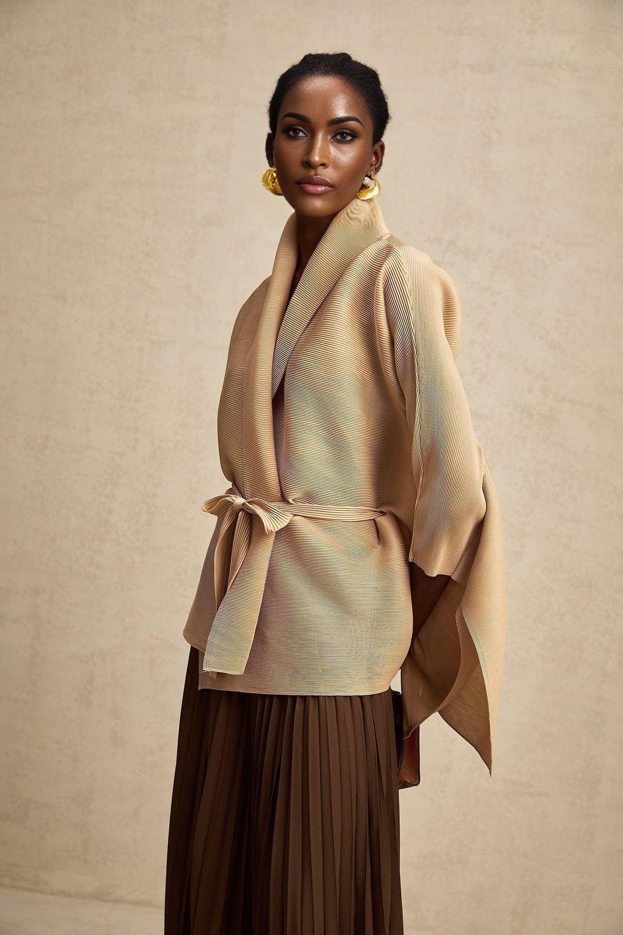 Alina Skirt & Top Set - V - neck Top - Long Slit Sleeves - Tied Waist - Maxi Length Skirt