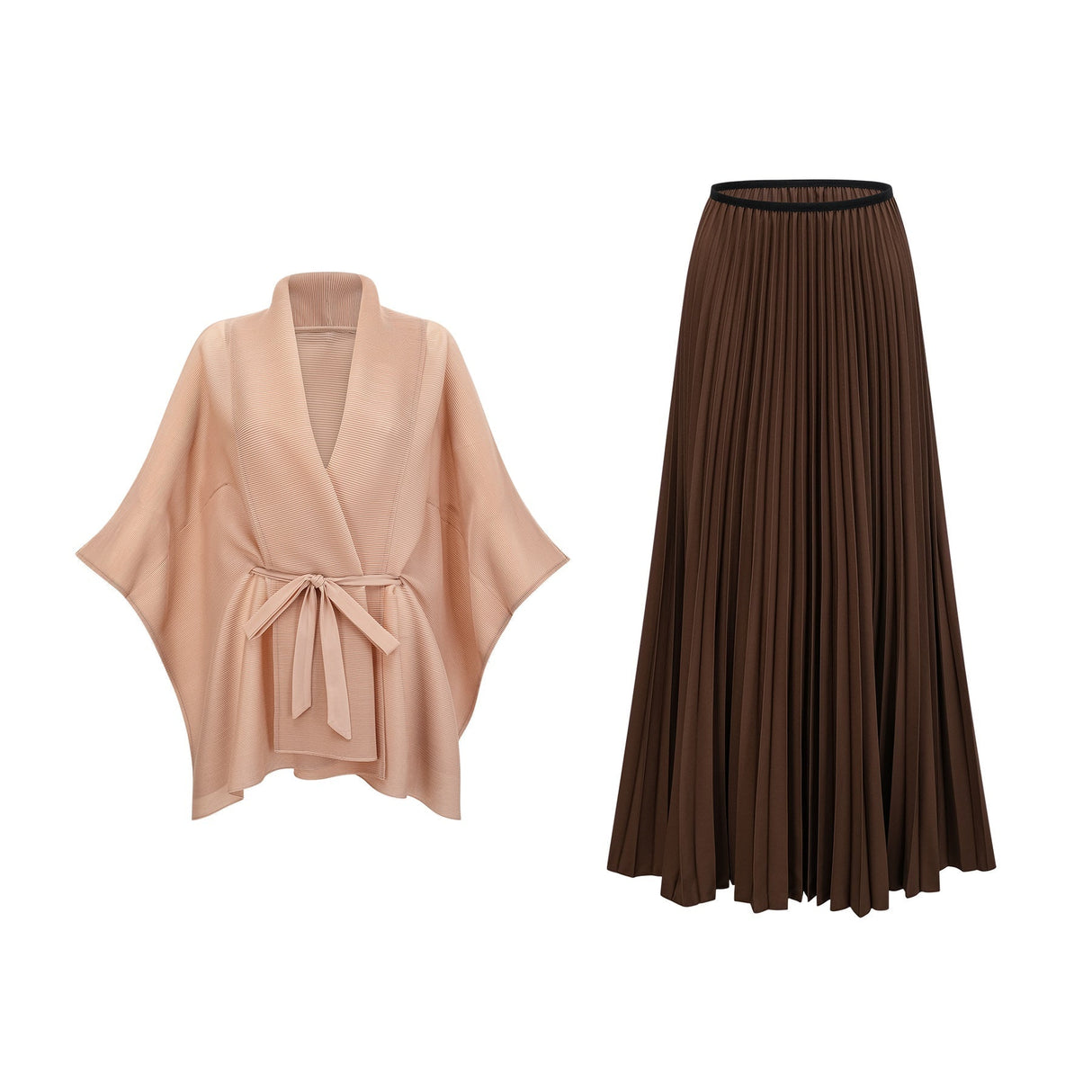Alina Skirt & Top Set - V - neck Top - Long Slit Sleeves - Tied Waist - Maxi Length Skirt