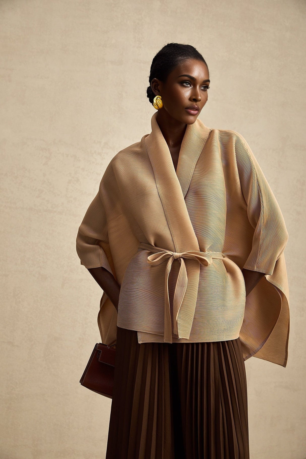 Alina Skirt & Top Set - V - neck Top - Long Slit Sleeves - Tied Waist - Maxi Length Skirt