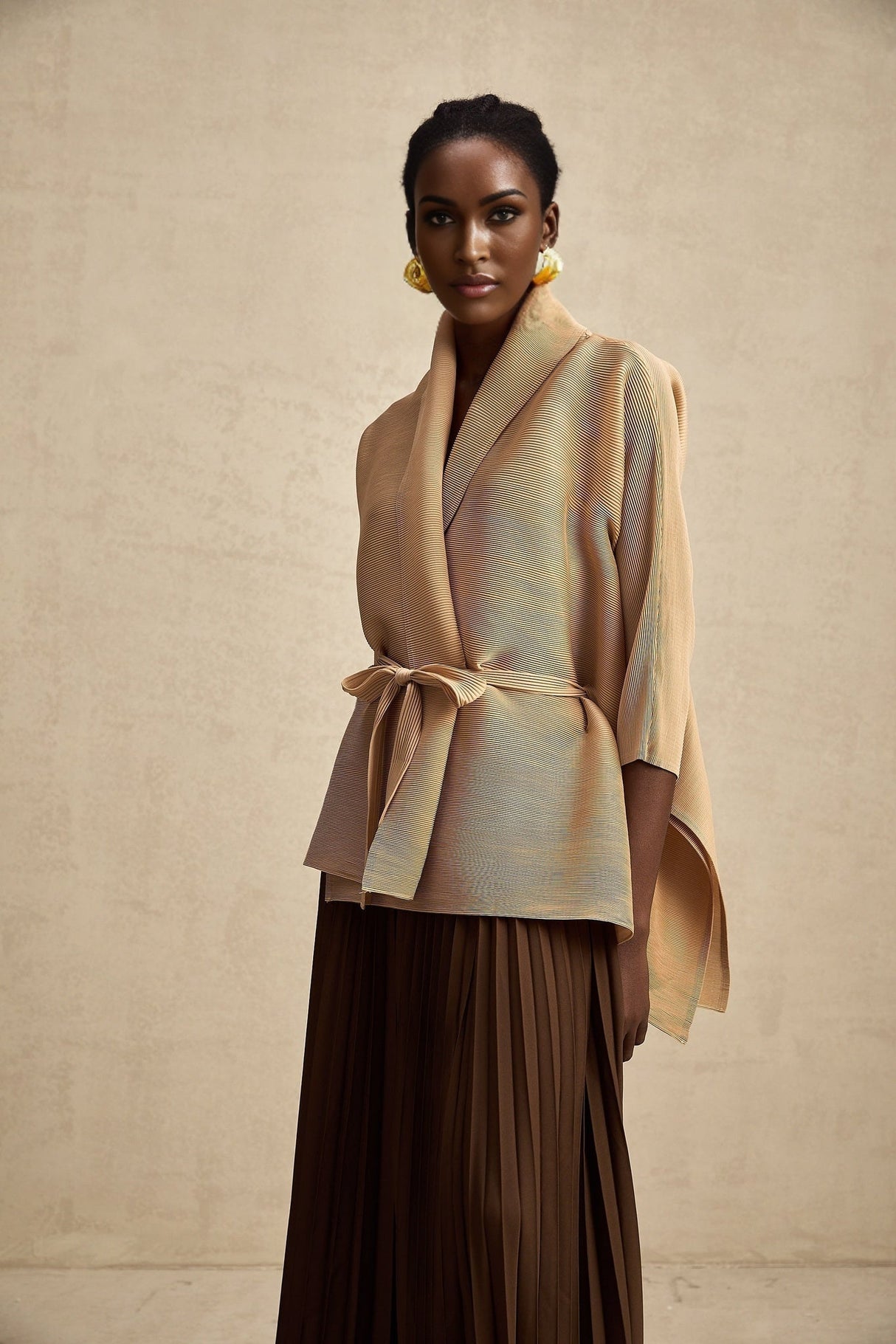 Alina Skirt & Top Set - V - neck Top - Long Slit Sleeves - Tied Waist - Maxi Length Skirt