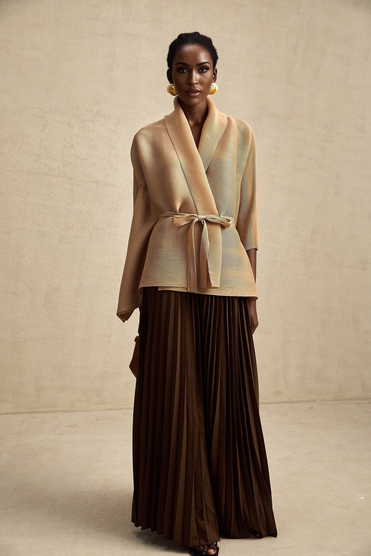 Alina Skirt & Top Set - V - neck Top - Long Slit Sleeves - Tied Waist - Maxi Length Skirt