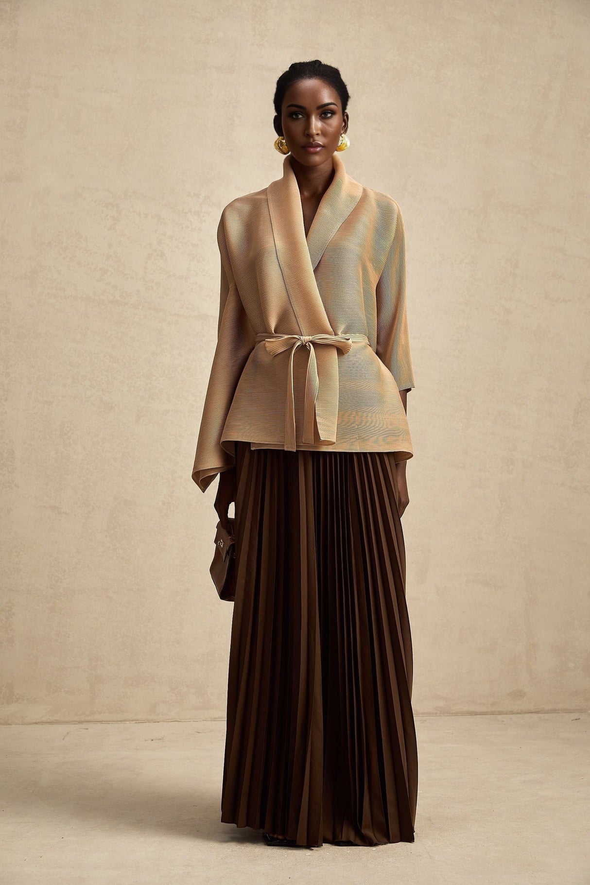 Alina Skirt & Top Set - V - neck Top - Long Slit Sleeves - Tied Waist - Maxi Length Skirt