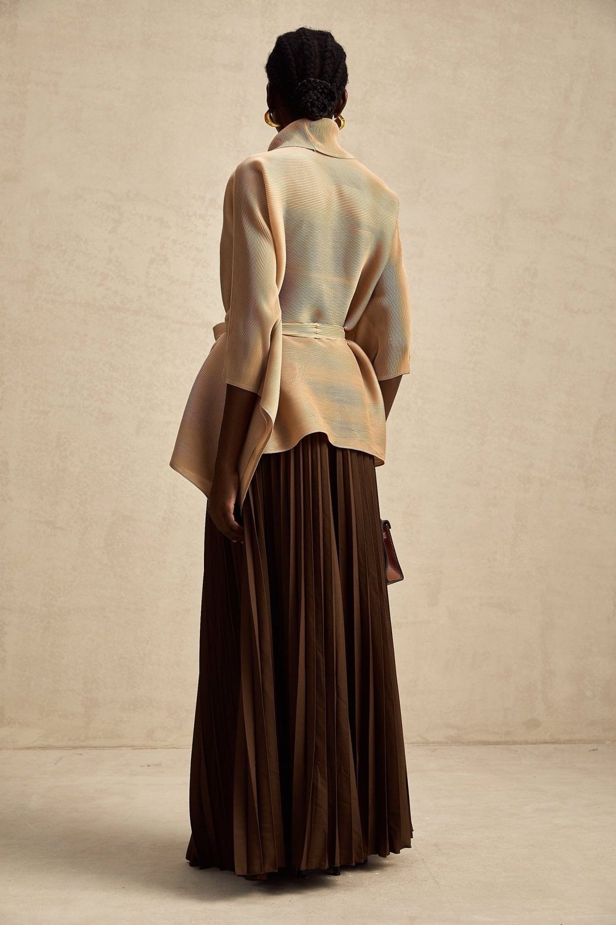 Alina Skirt & Top Set - V - neck Top - Long Slit Sleeves - Tied Waist - Maxi Length Skirt