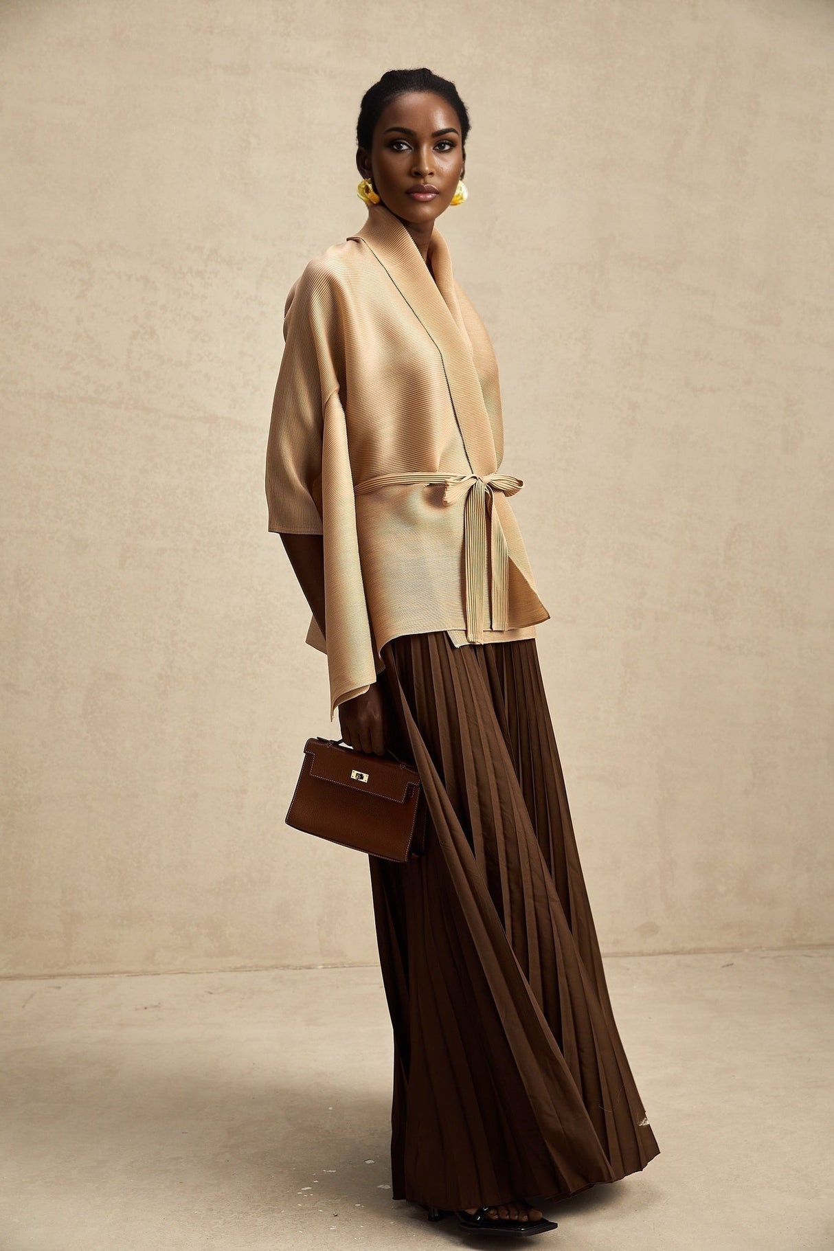 Alina Skirt & Top Set - V - neck Top - Long Slit Sleeves - Tied Waist - Maxi Length Skirt