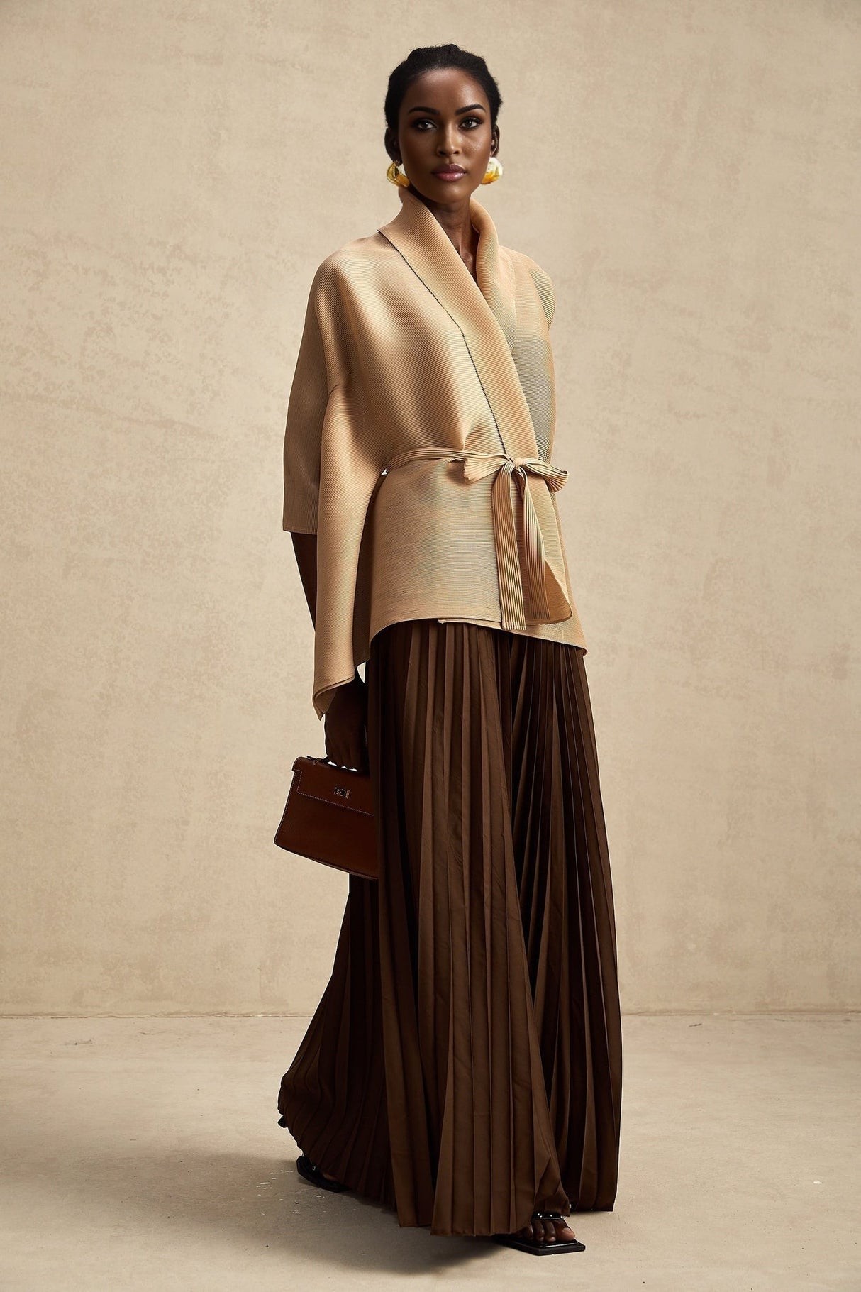 Alina Skirt & Top Set - V - neck Top - Long Slit Sleeves - Tied Waist - Maxi Length Skirt