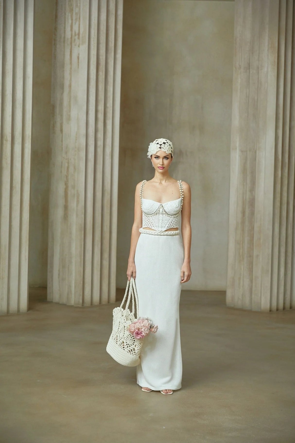 Alina Top & Skirt Set Crochet Knit Sleeveless with Faux - Pearl Embellishment