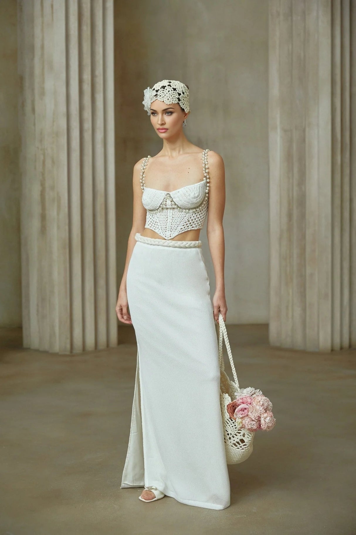 Alina Top & Skirt Set Crochet Knit Sleeveless with Faux - Pearl Embellishment