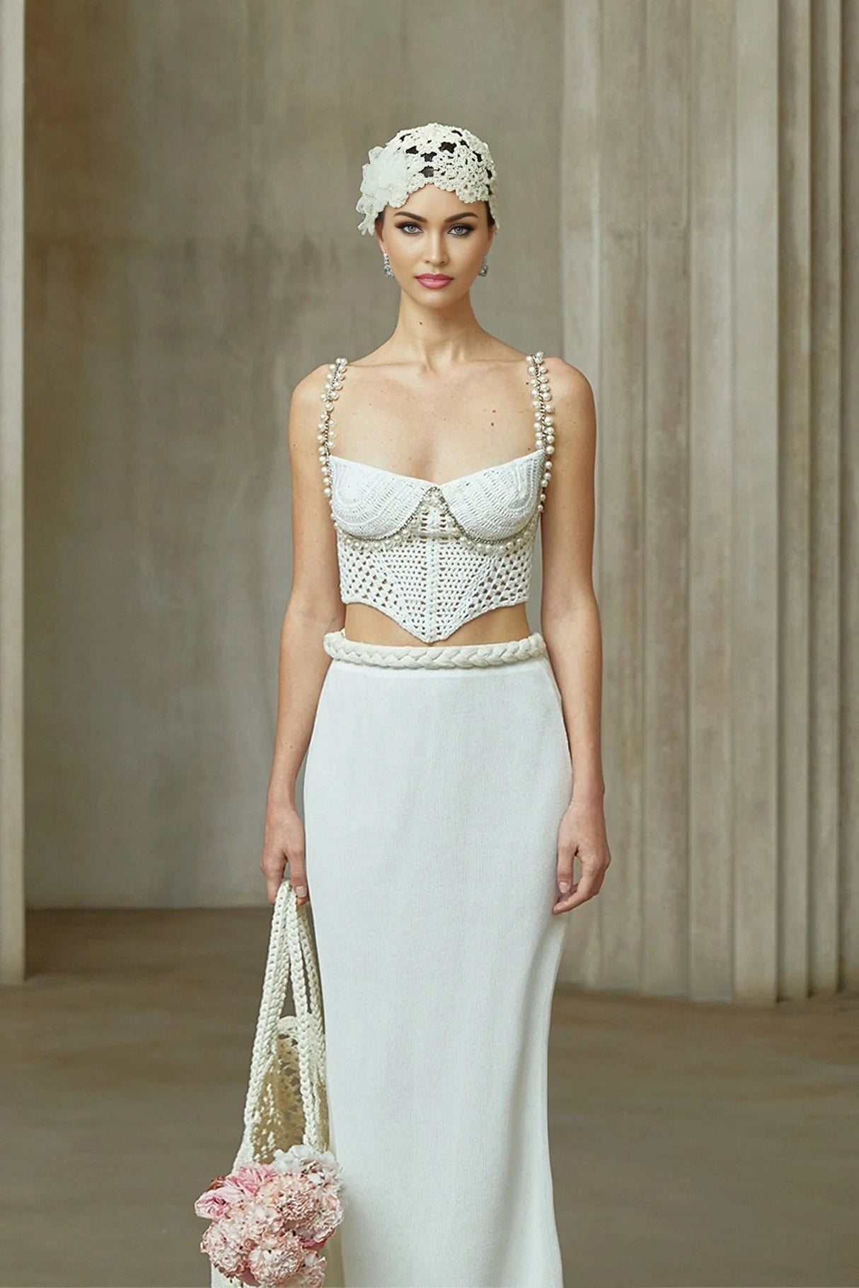 Alina Top & Skirt Set Crochet Knit Sleeveless with Faux - Pearl Embellishment