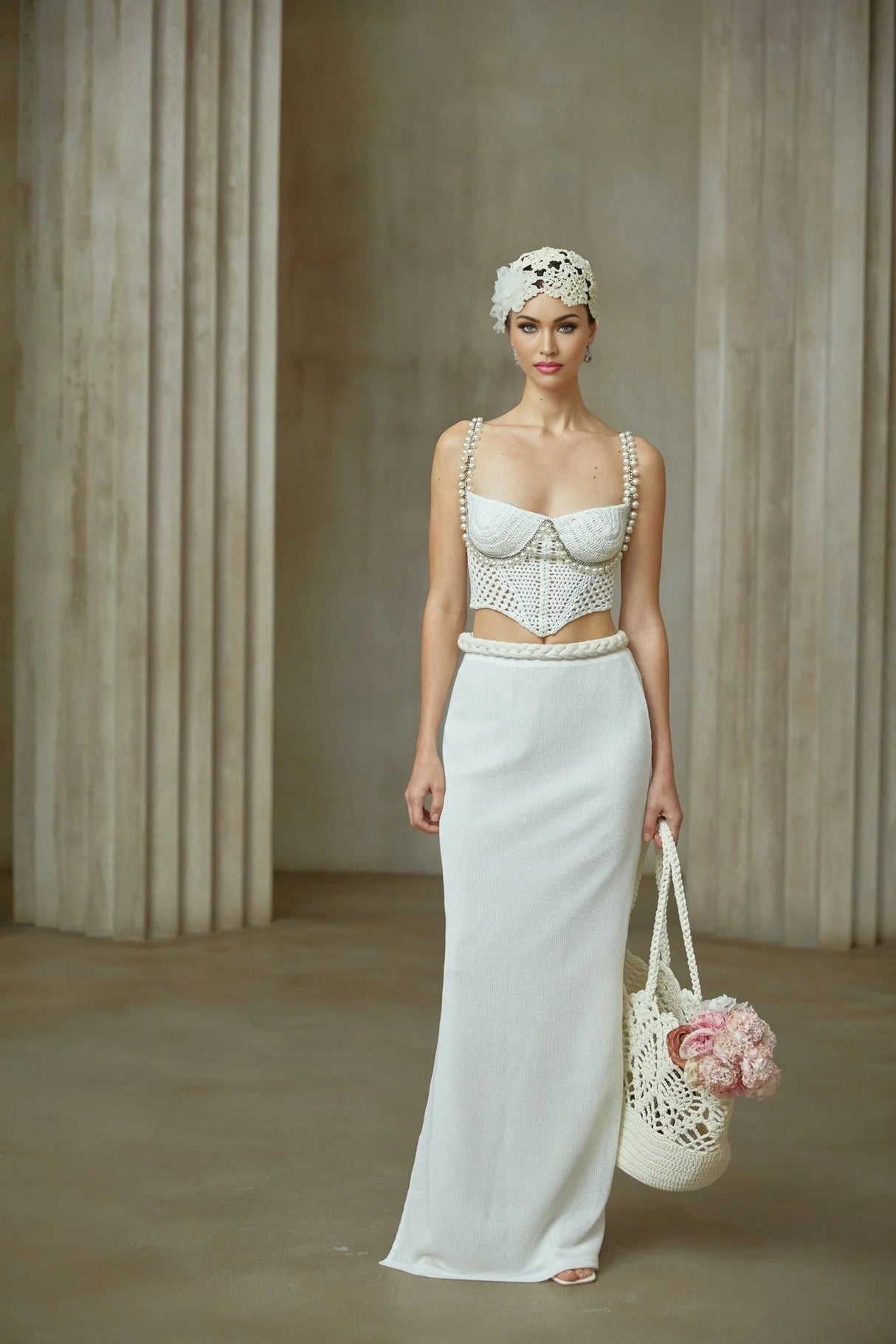 Alina Top & Skirt Set Crochet Knit Sleeveless with Faux - Pearl Embellishment