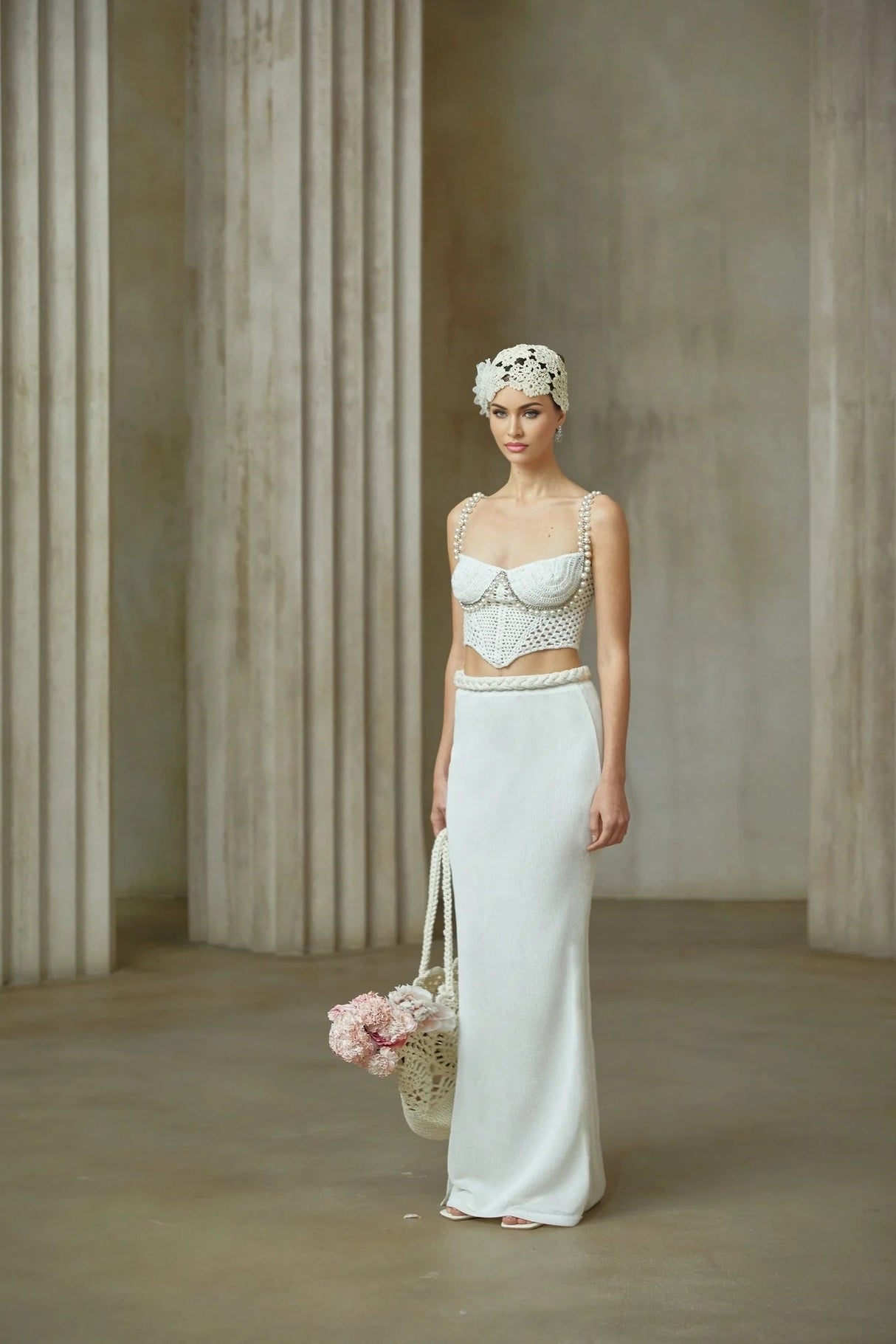 Alina Top & Skirt Set Crochet Knit Sleeveless with Faux - Pearl Embellishment