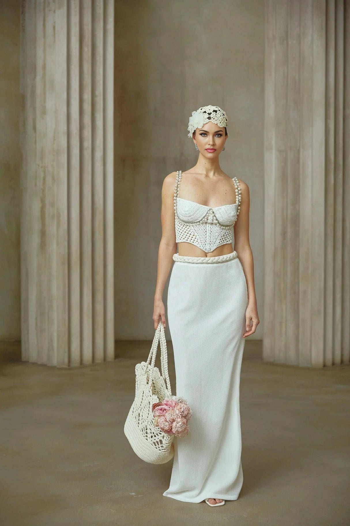 Alina Top & Skirt Set Crochet Knit Sleeveless with Faux - Pearl Embellishment