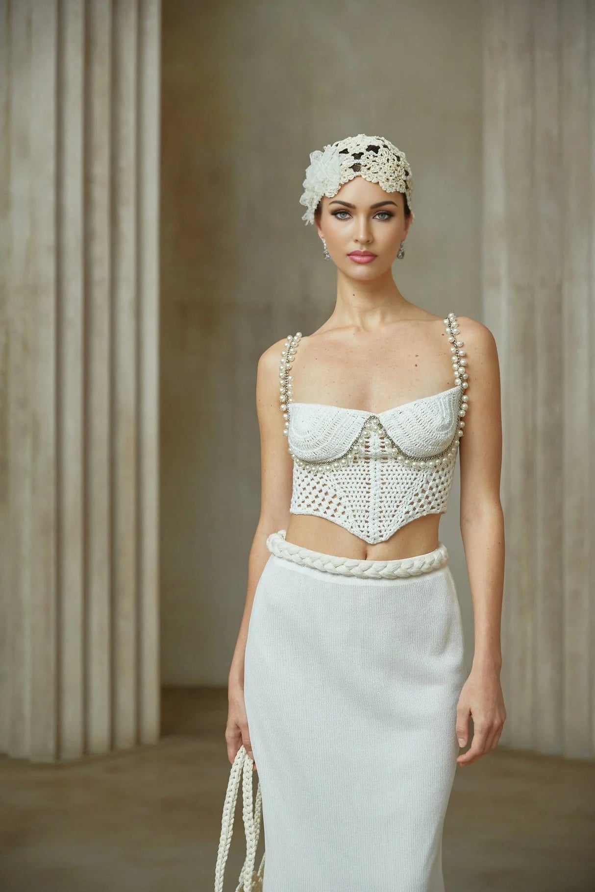 Alina Top & Skirt Set Crochet Knit Sleeveless with Faux - Pearl Embellishment