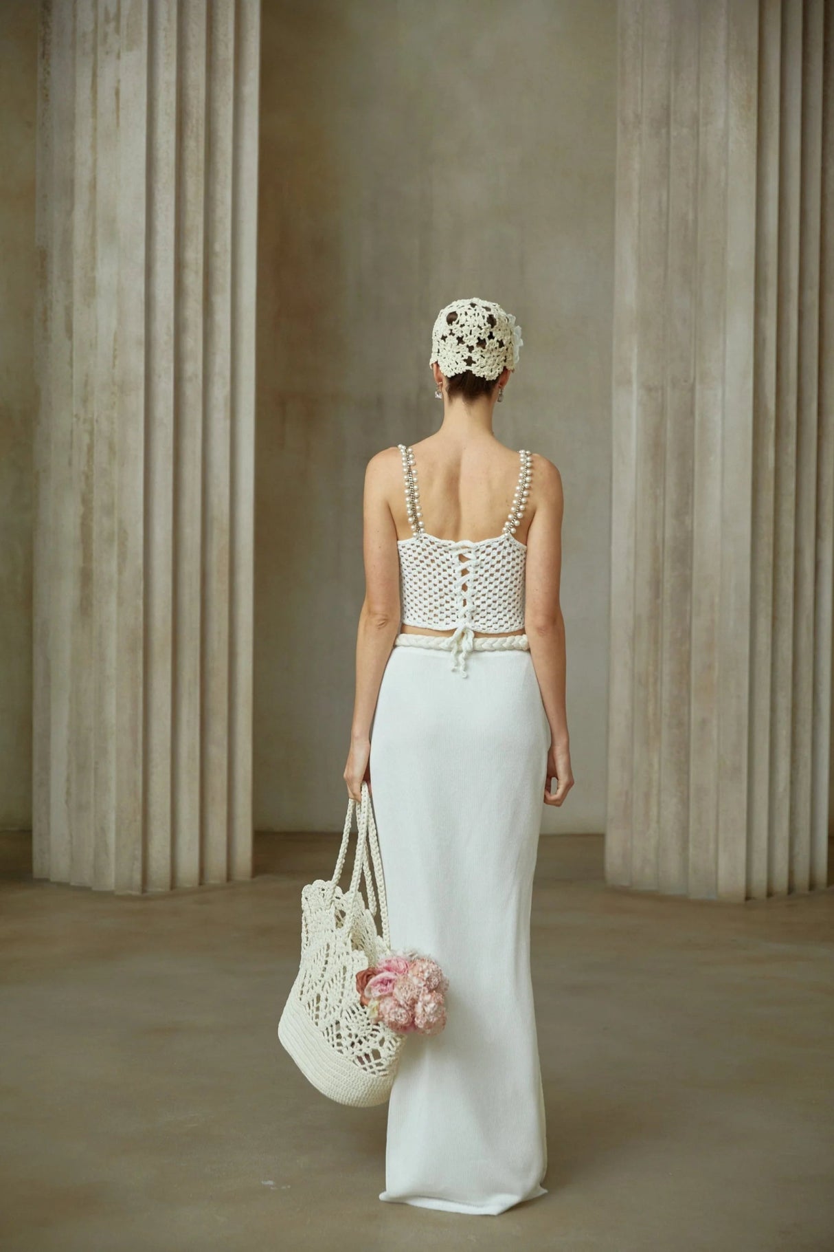 Alina Top & Skirt Set Crochet Knit Sleeveless with Faux - Pearl Embellishment