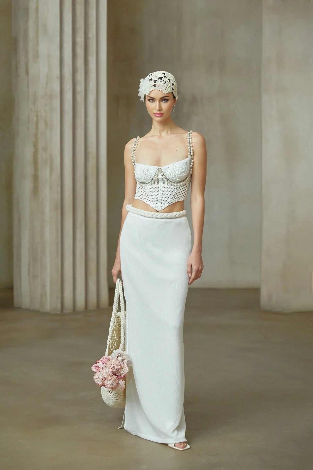 Alina Top & Skirt Set Crochet Knit Sleeveless with Faux - Pearl Embellishment