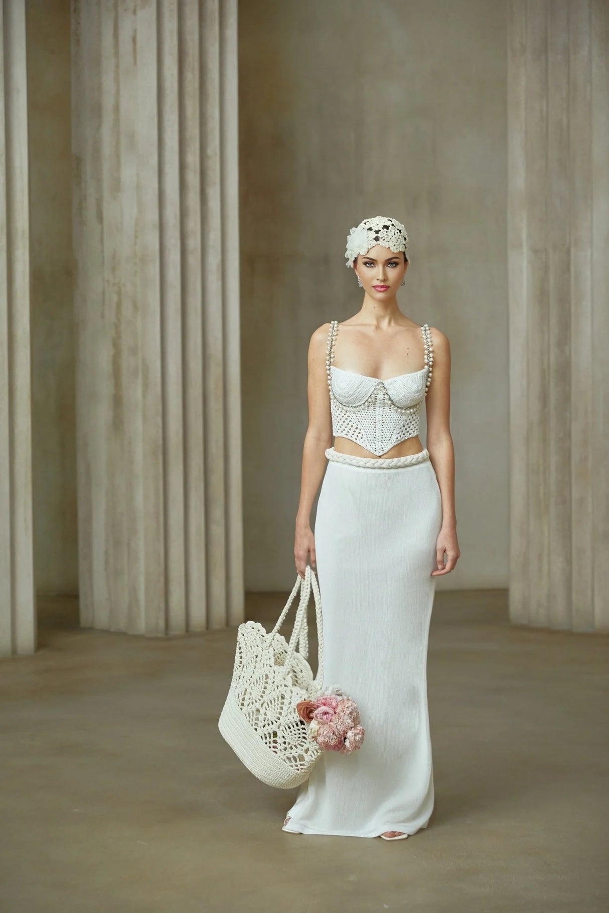 Alina Top & Skirt Set Crochet Knit Sleeveless with Faux - Pearl Embellishment