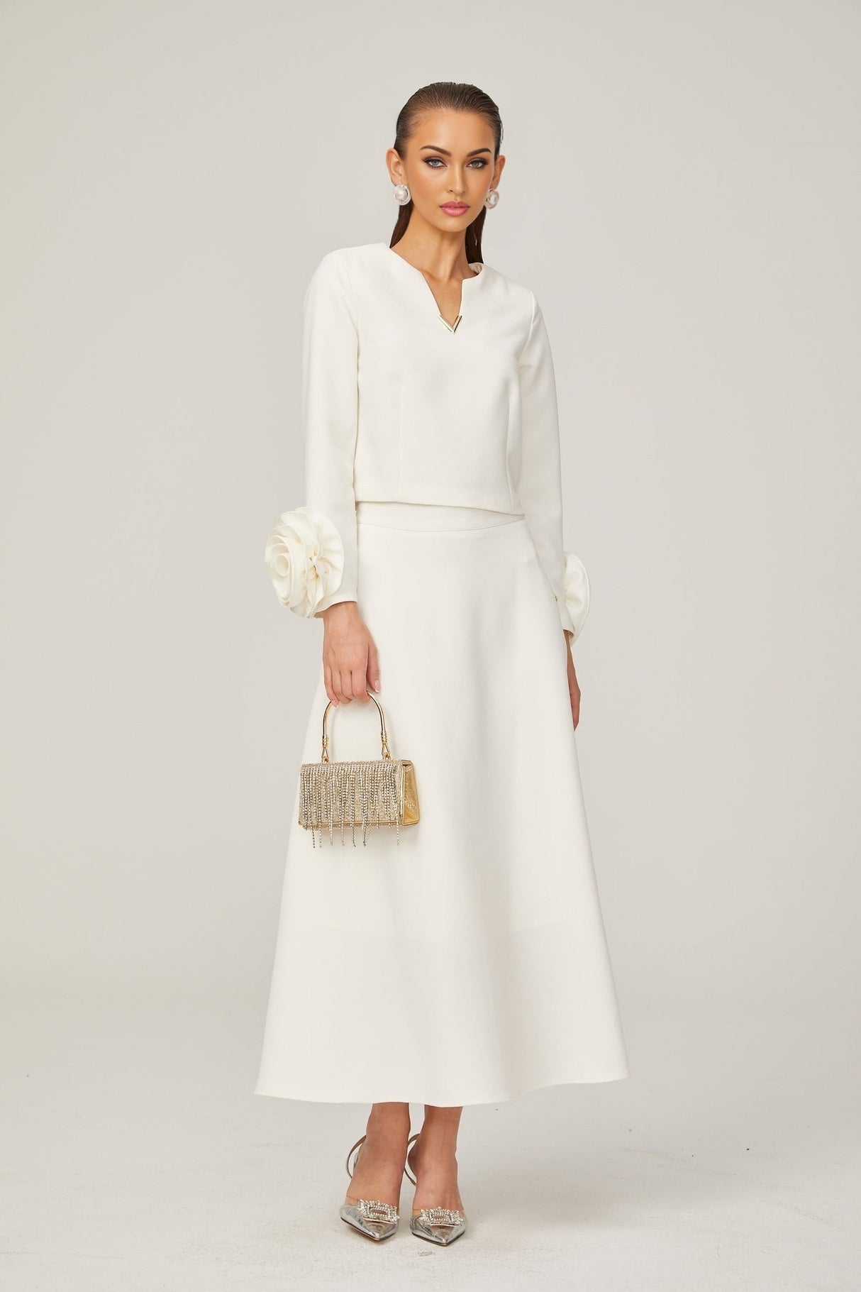 Alina Top & Skirt Set - Elegant 3D Petal Detailing - Flattering Flared Silhouette - Chic Midi Length - Stylish Rear Zip Fastening