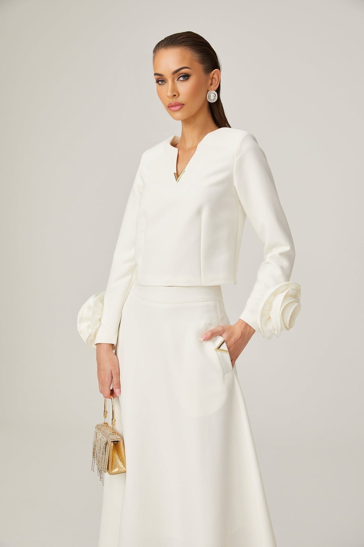 Alina Top & Skirt Set - Elegant 3D Petal Detailing - Flattering Flared Silhouette - Chic Midi Length - Stylish Rear Zip Fastening