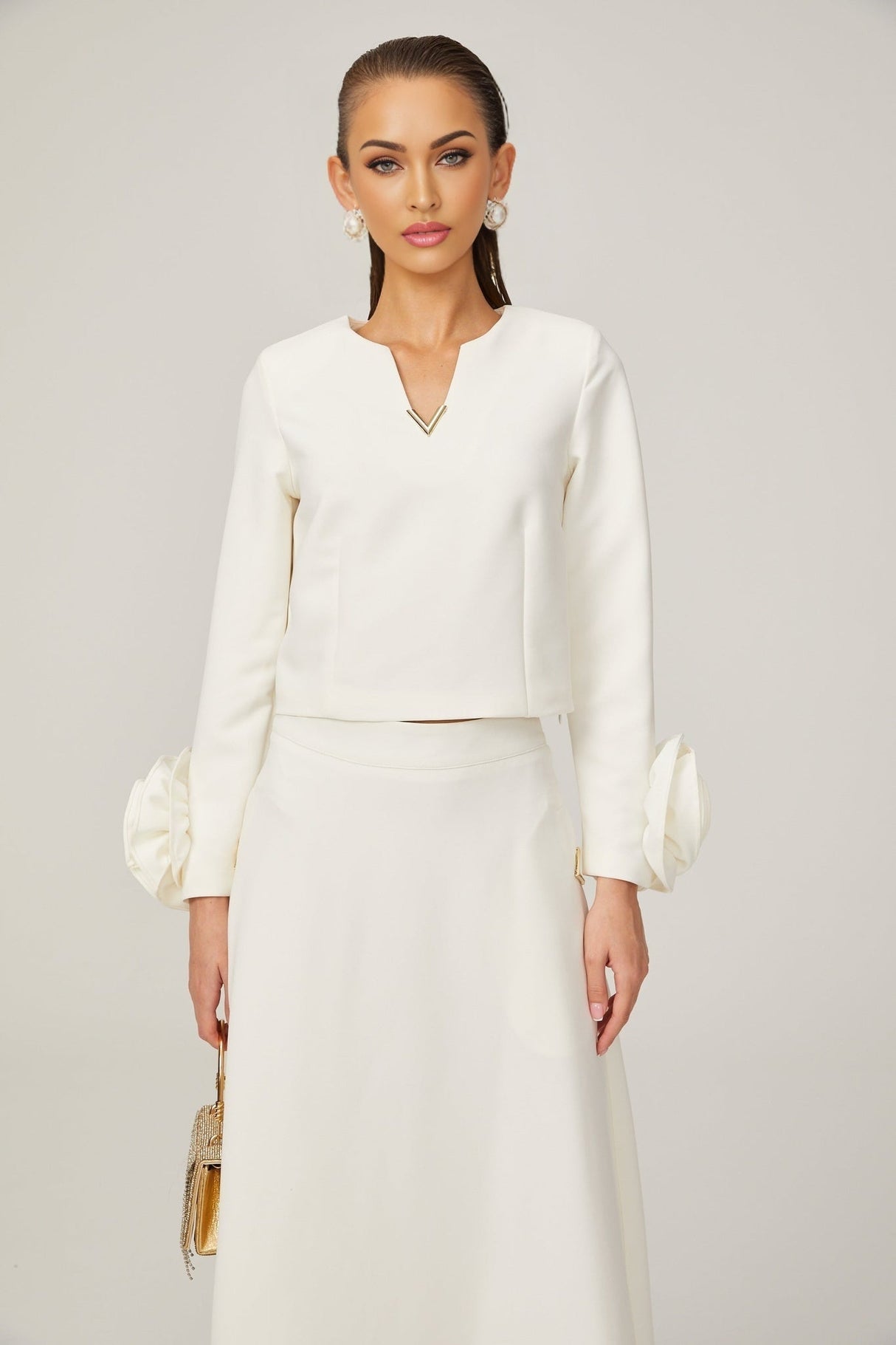 Alina Top & Skirt Set - Elegant 3D Petal Detailing - Flattering Flared Silhouette - Chic Midi Length - Stylish Rear Zip Fastening