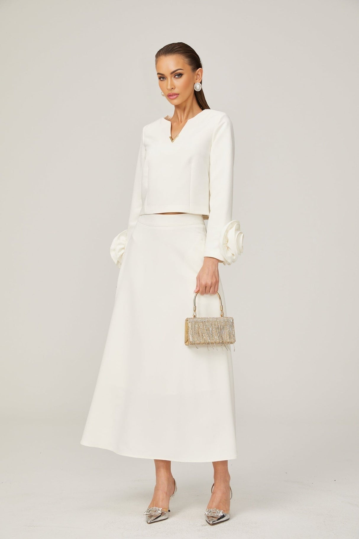 Alina Top & Skirt Set - Elegant 3D Petal Detailing - Flattering Flared Silhouette - Chic Midi Length - Stylish Rear Zip Fastening