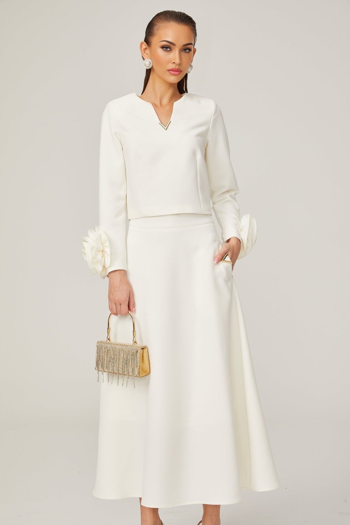 Alina Top & Skirt Set - Elegant 3D Petal Detailing - Flattering Flared Silhouette - Chic Midi Length - Stylish Rear Zip Fastening