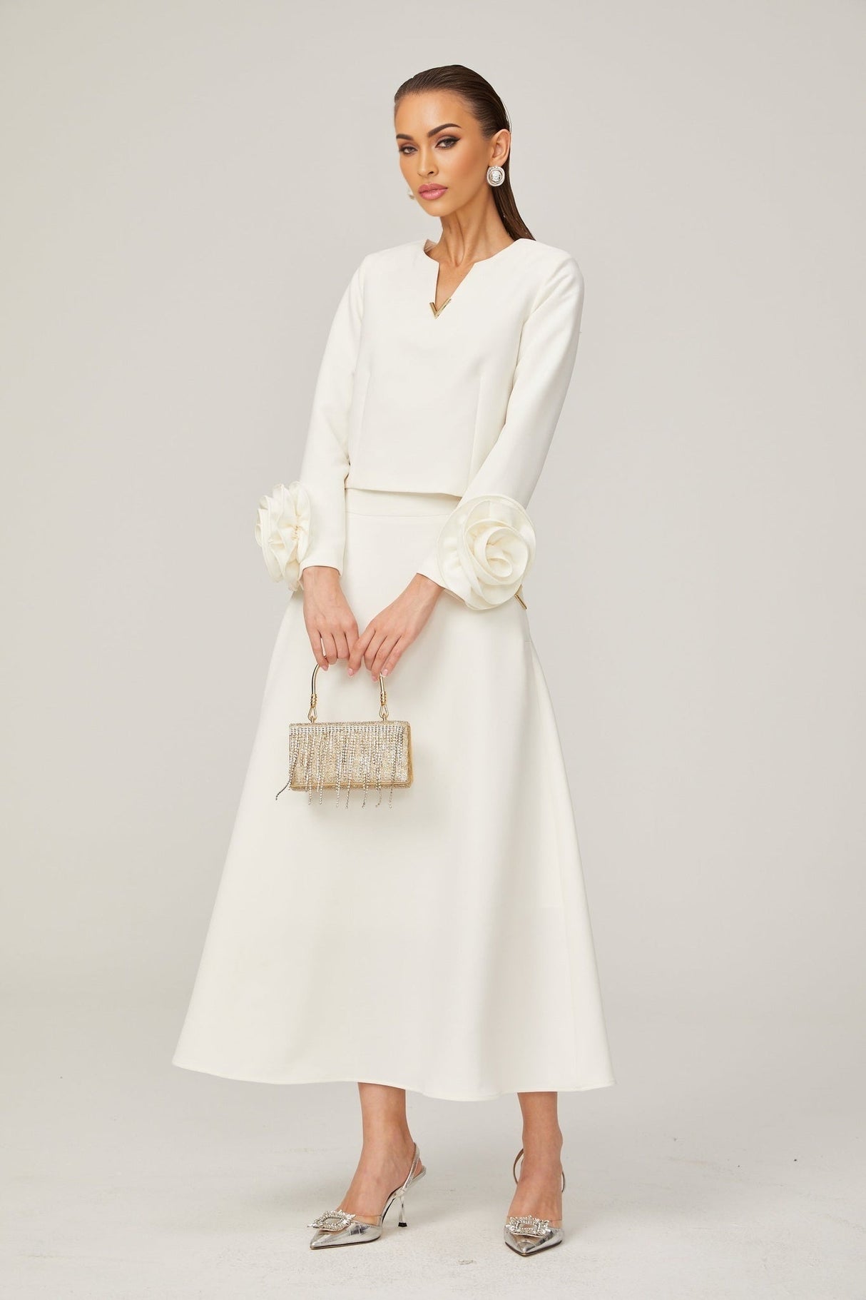 Alina Top & Skirt Set - Elegant 3D Petal Detailing - Flattering Flared Silhouette - Chic Midi Length - Stylish Rear Zip Fastening