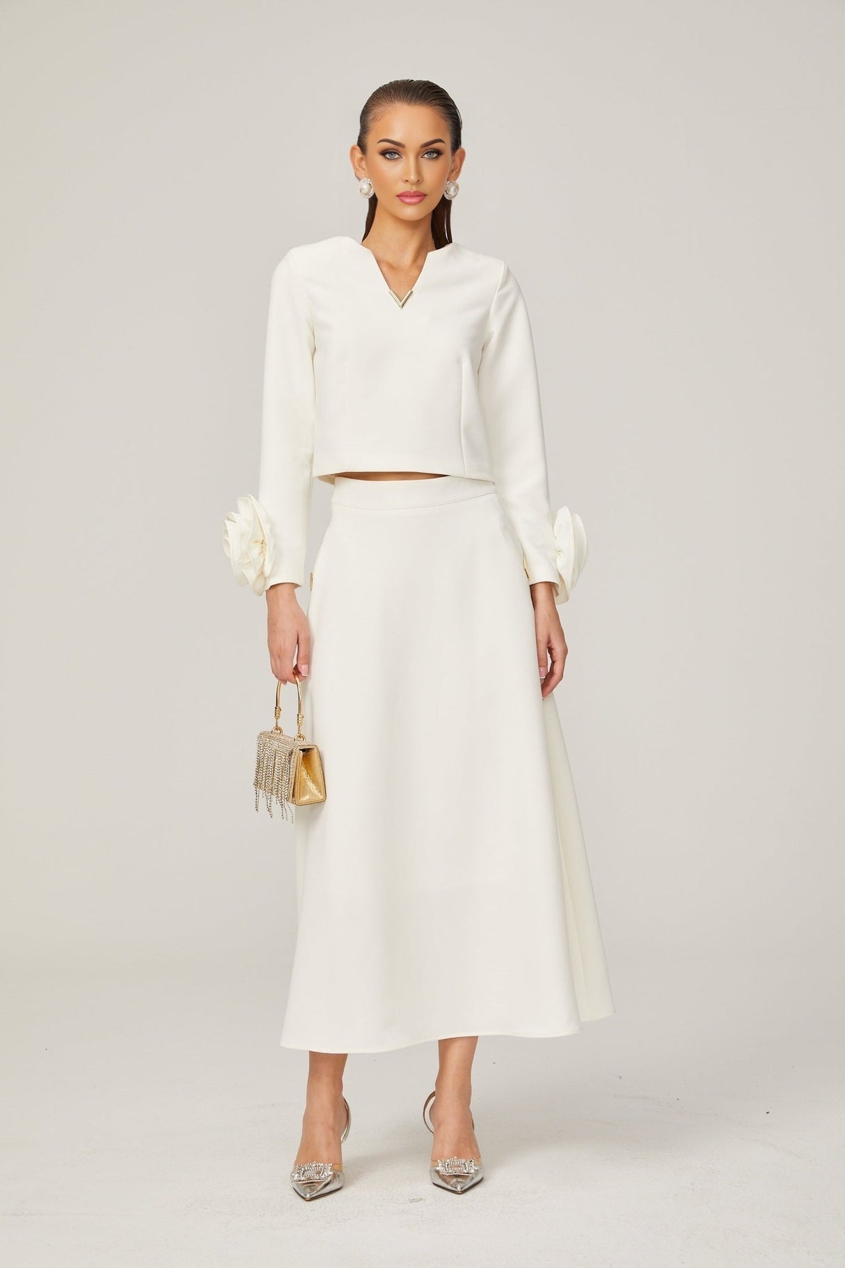 Alina Top & Skirt Set - Elegant 3D Petal Detailing - Flattering Flared Silhouette - Chic Midi Length - Stylish Rear Zip Fastening