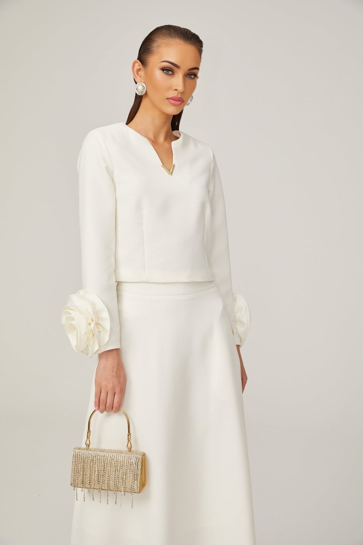 Alina Top & Skirt Set - Elegant 3D Petal Detailing - Flattering Flared Silhouette - Chic Midi Length - Stylish Rear Zip Fastening