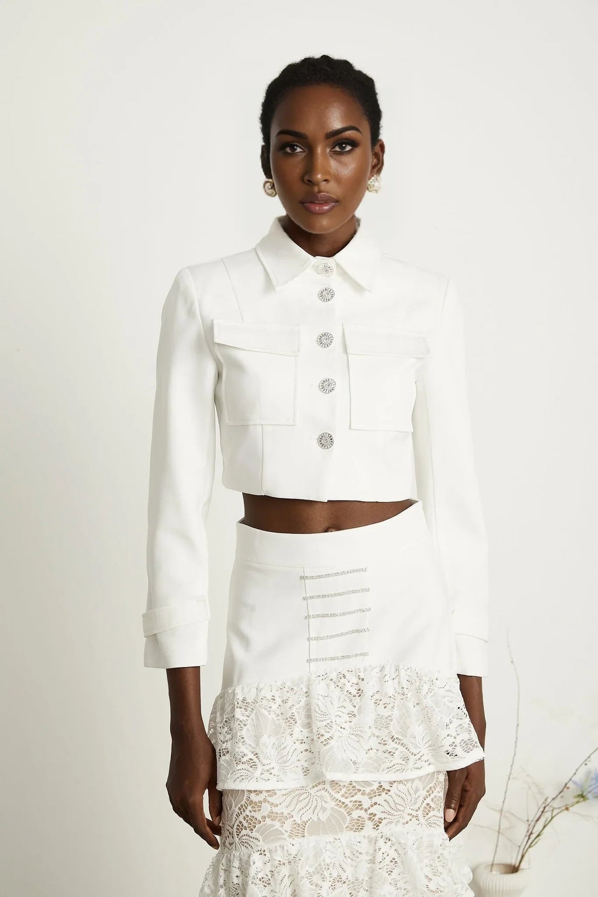 Aliyah Jacket & Skirt Set - Classic Collar - Rhinestone Embellished - Tiered Design - Silver - Tone Buttons - Ruffled Detailing