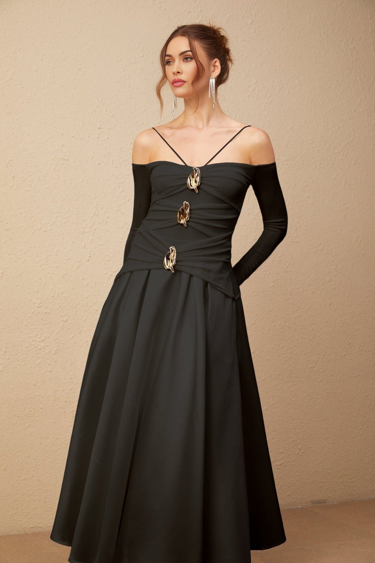 Allegra Maxi Dress - Off the Shoulder - Long Sleeves - Spaghetti Straps - Pleated Detailing - Flared Skirt