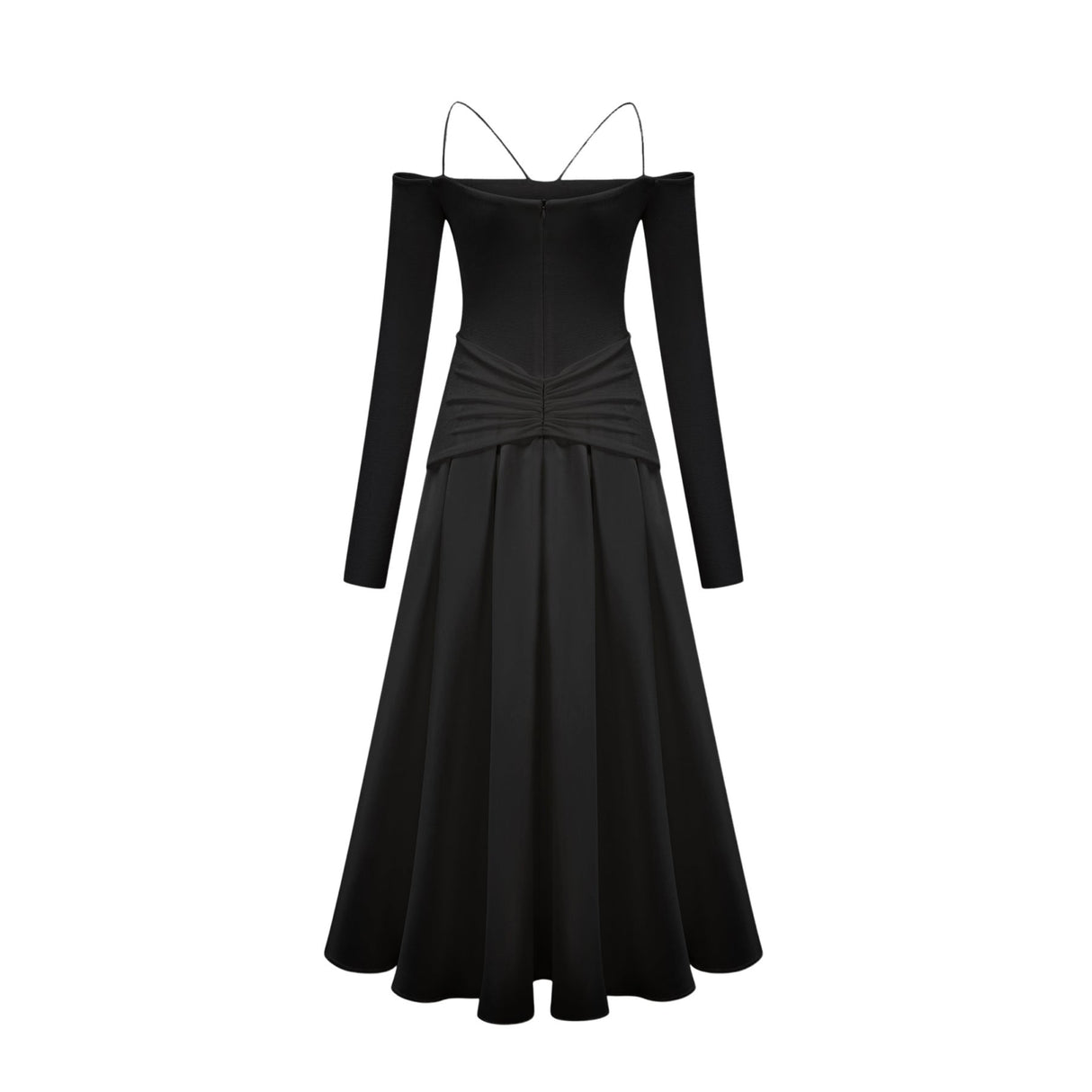 Allegra Maxi Dress - Off the Shoulder - Long Sleeves - Spaghetti Straps - Pleated Detailing - Flared Skirt