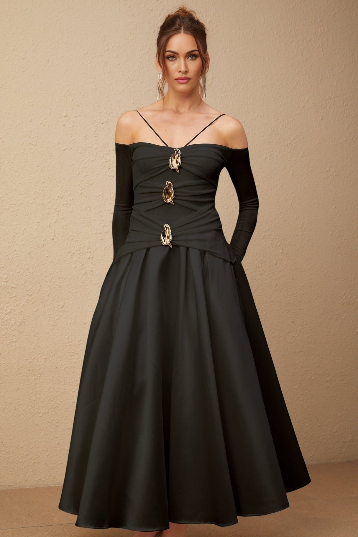 Allegra Maxi Dress - Off the Shoulder - Long Sleeves - Spaghetti Straps - Pleated Detailing - Flared Skirt