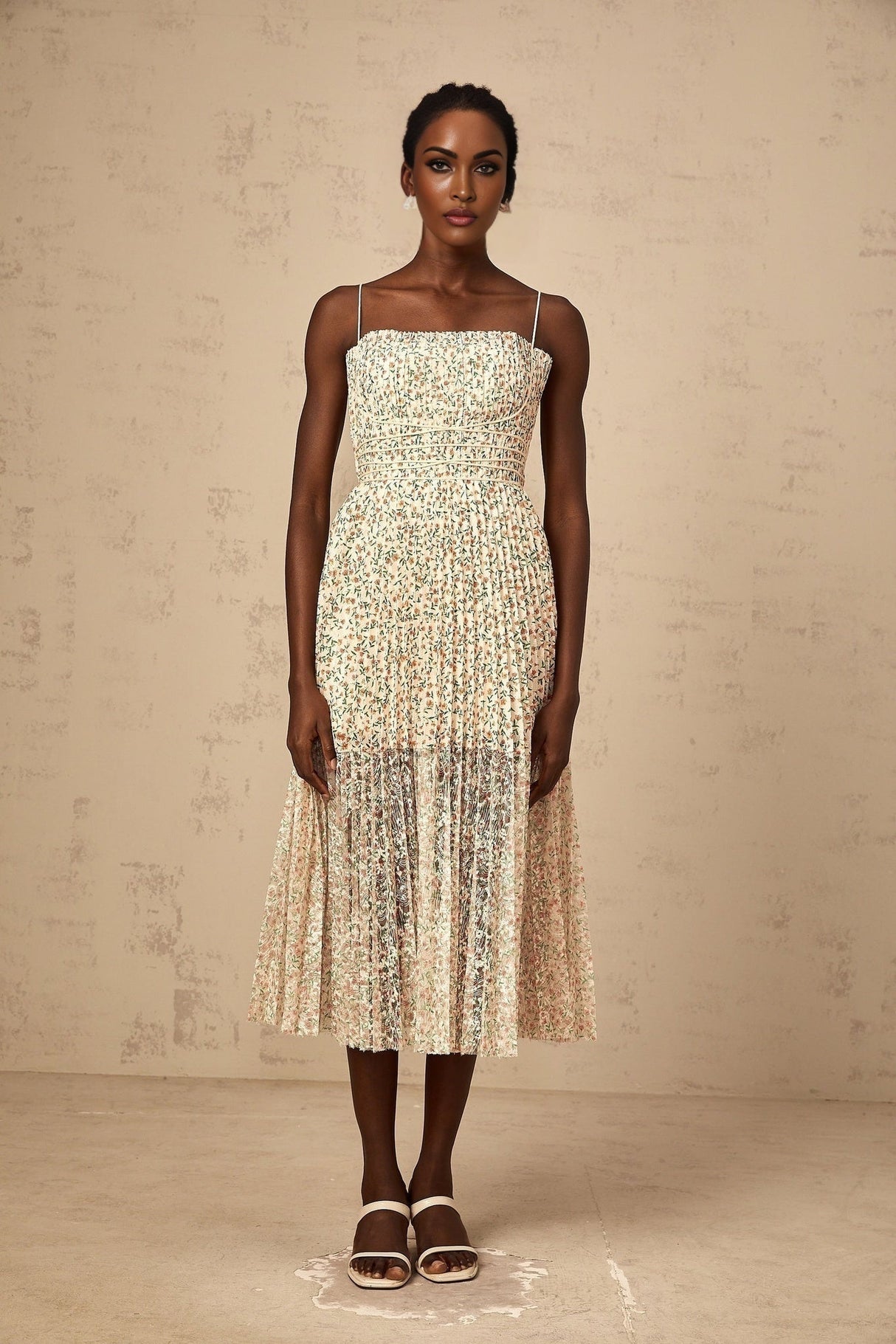 Allison Floral Midi Dress - Square Neck - Pleated Detailing - Spaghetti Straps - Rear Zip Fastening