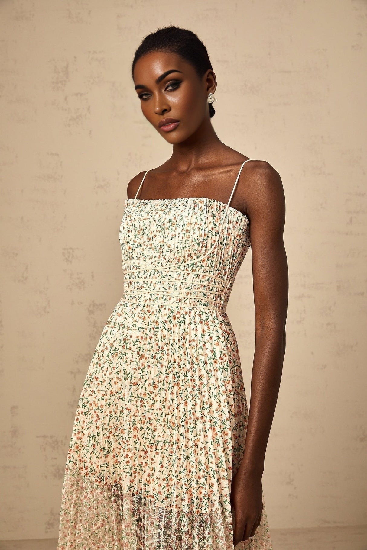 Allison Floral Midi Dress - Square Neck - Pleated Detailing - Spaghetti Straps - Rear Zip Fastening